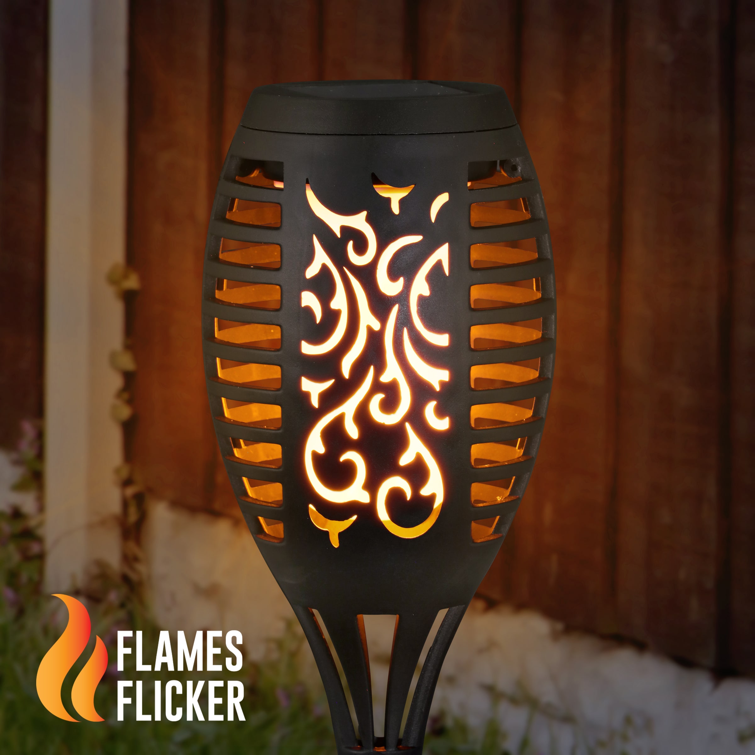 Set of 4 Black Plastic Solar LED Flame Garden Stakes