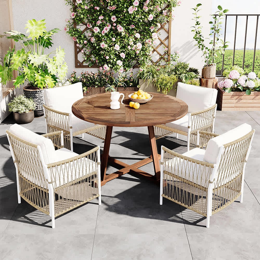 JUJABU OUTTAB-2 Natural Modern 5-Piece Patio Extendable Wooden Dining Table Set 4 Rattan Arm Chairs for Backyard
