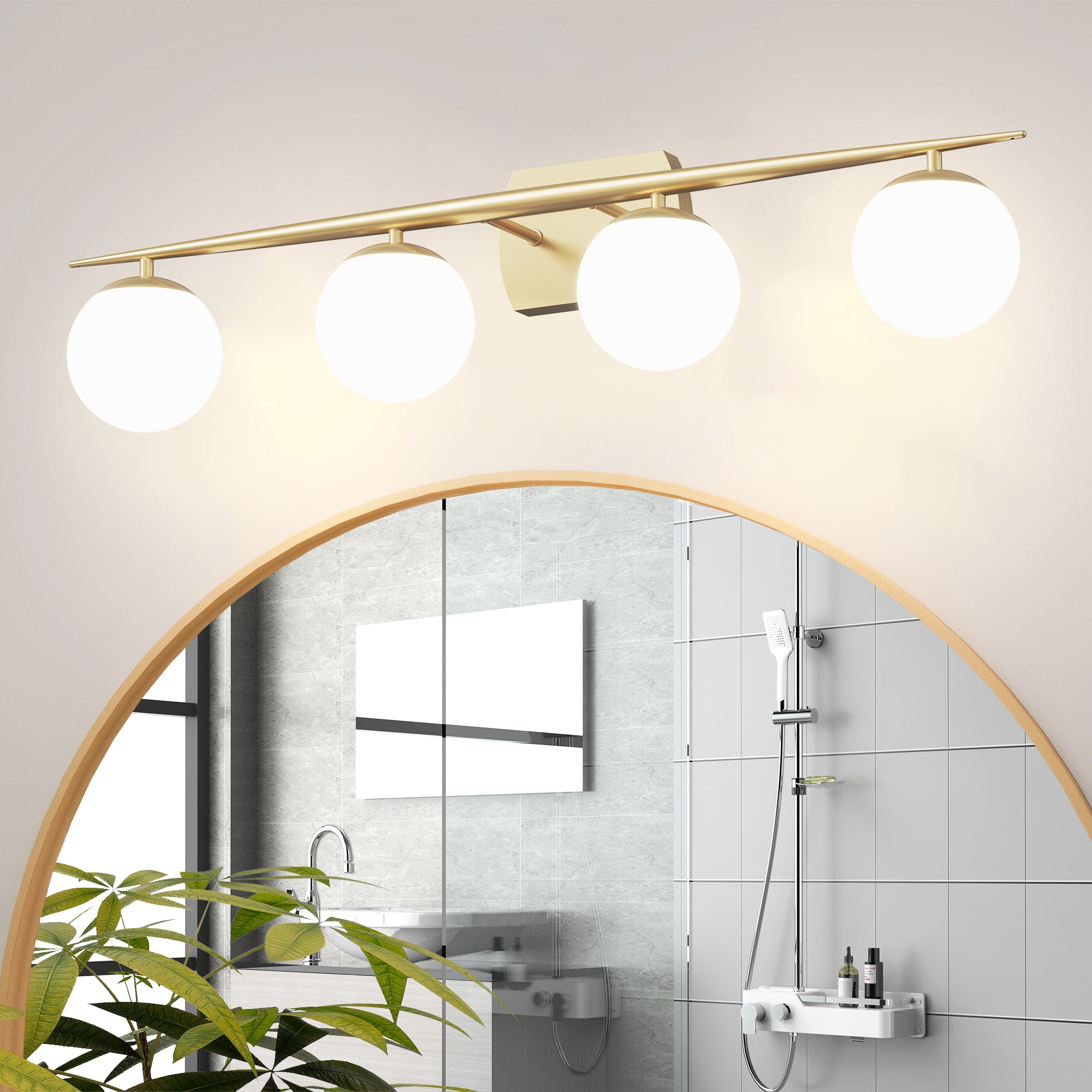 LOBREG  Gold Bathroom Vanity Light  34.72 in. 4-Light Indoor Wall Sconce with White Round Glass Shades for G9 Bulbs