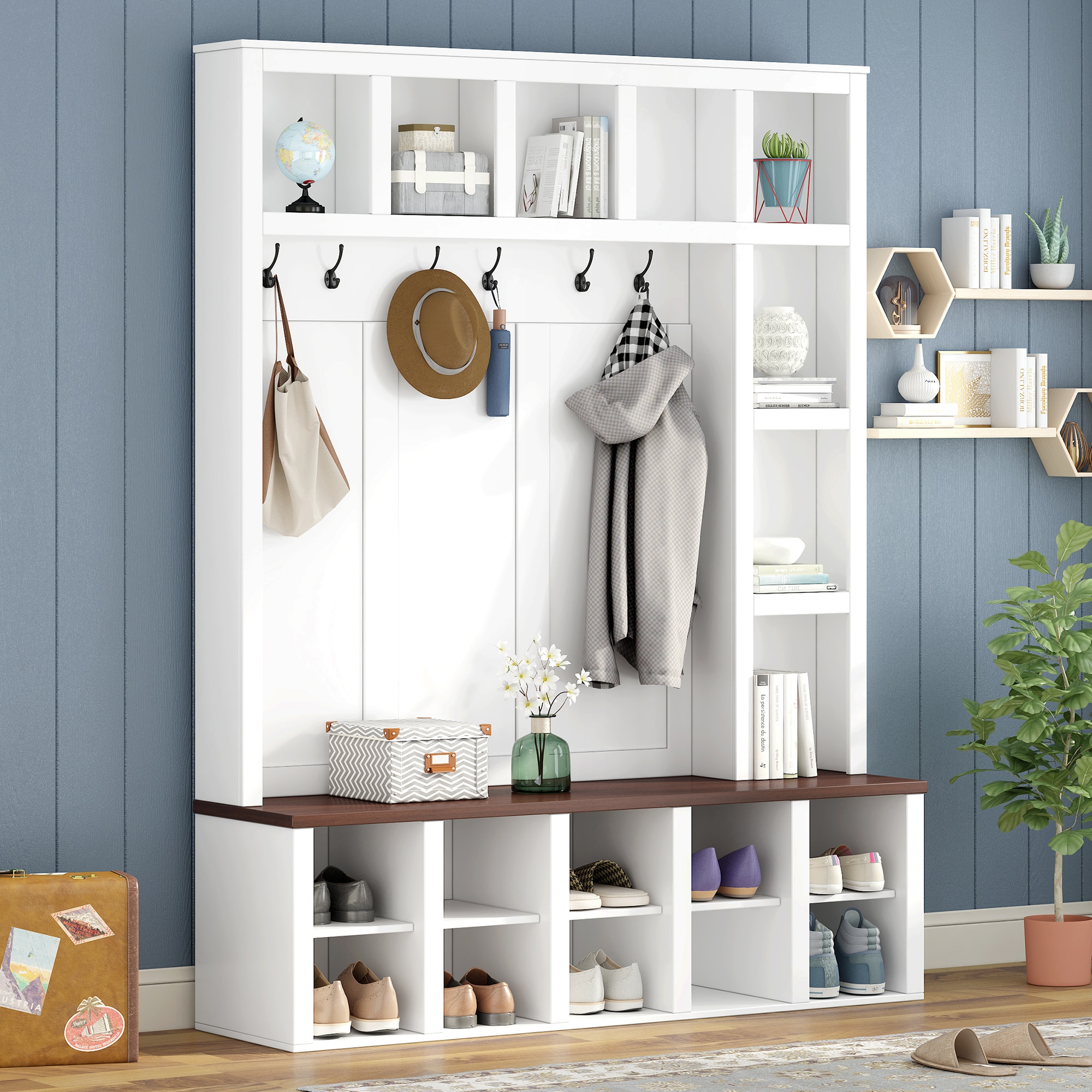 Qualler  Farmhouse Hall Tree Entryway Bench with Adjustable Shelves and 6 Hooks - White