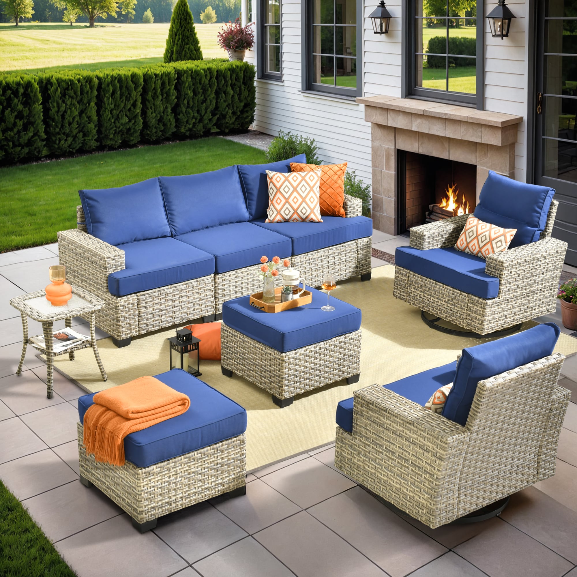 XIZZI XITBS7064-RC3 Agate 6 -Piece Rattan Patio Sofa Conversation Set with Navy Cushions