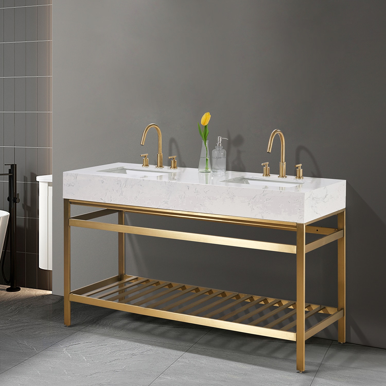 Altair 68060-AWAP-BG-NM Merano 60-in Brushed Gold Undermount Double sink Bathroom Vanity with Aosta White Engineered marble Top