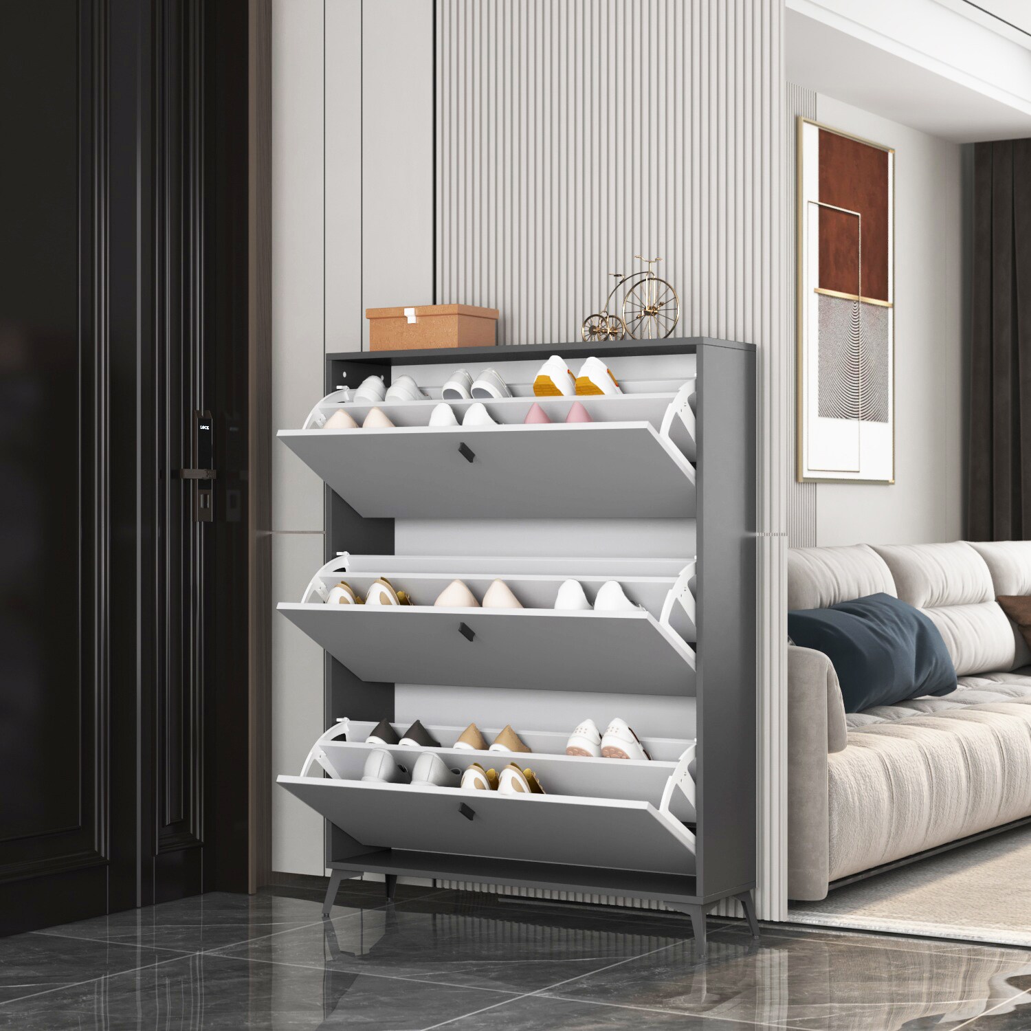 FUFU&GAGA 47.2-in H 3 Tier 18 Pair Grey Composite Shoe Cabinet in the Shoe  Storage department at