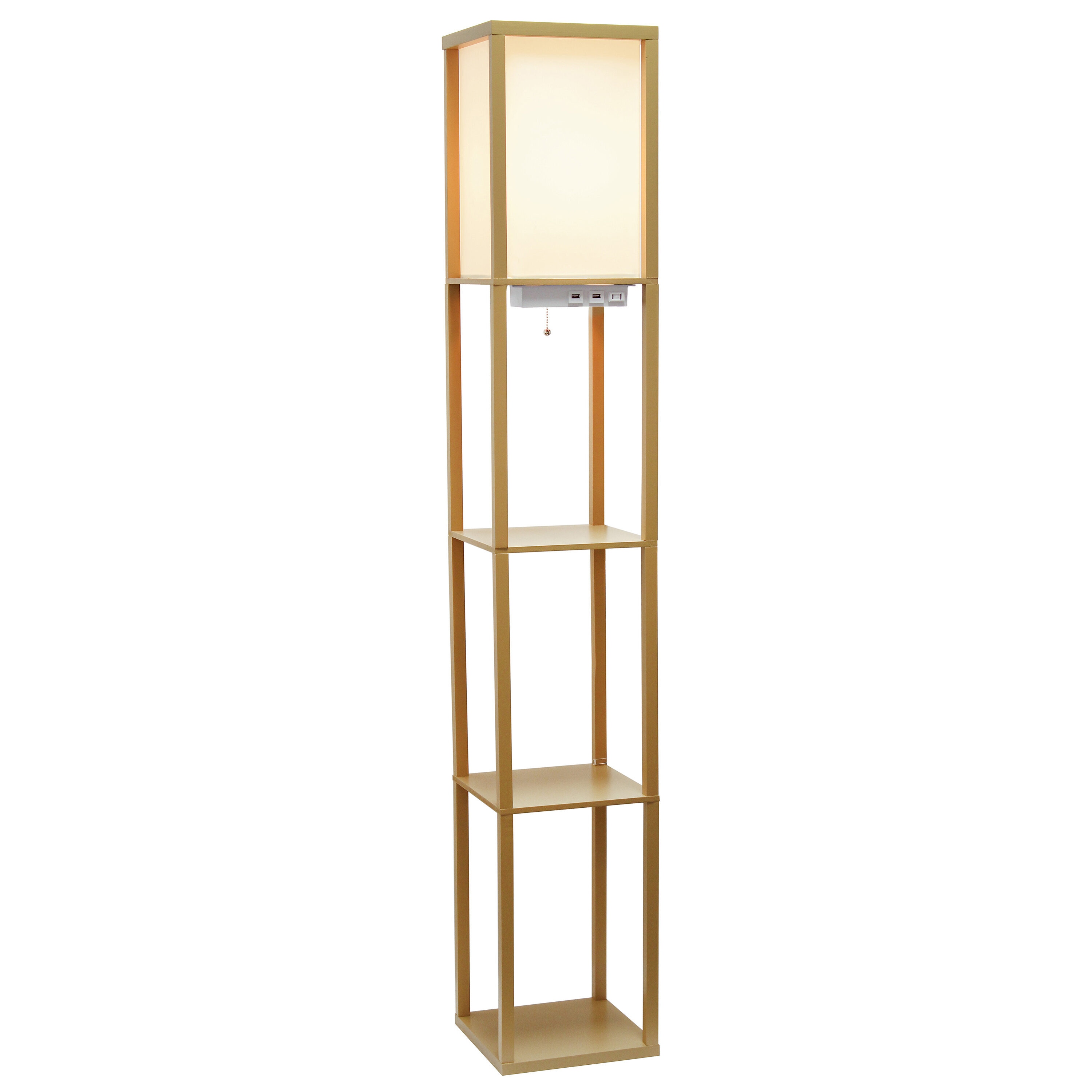 Tan Wood Floor Lamp with Shelves and Linen Shade