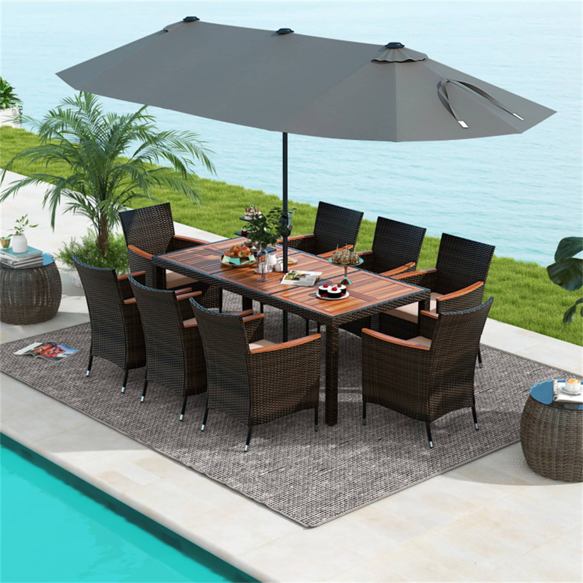 BABOOM BOM-0S00047-OR Patio Dining Sets 10 -Piece Brown Rattan Patio Dining Set Wood Rectangle Table with 8 Off-white Cushions Stackable Stationary Chairs and Umbrella Included