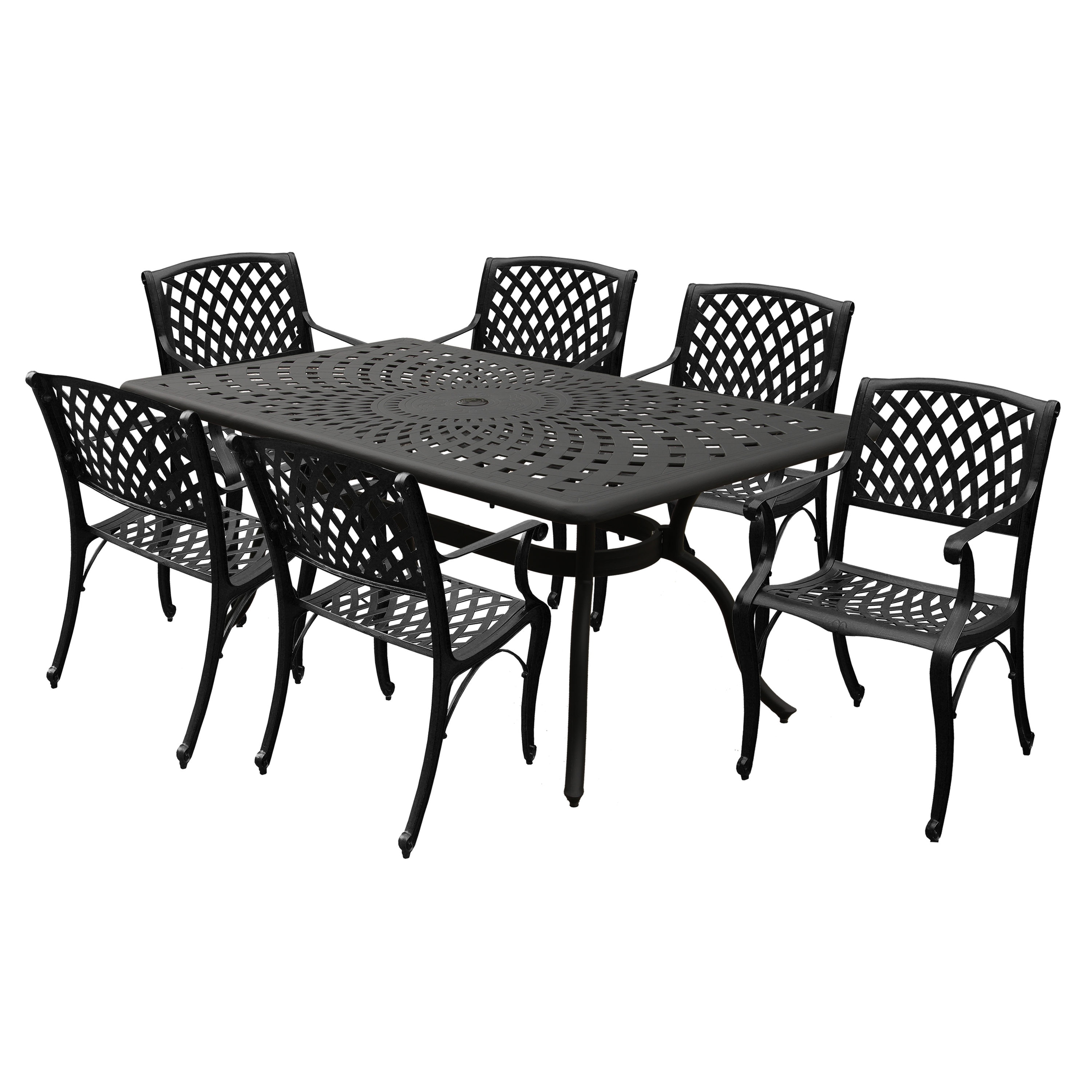 67" Black Aluminum 6-Person Outdoor Dining Set with Mesh Chairs