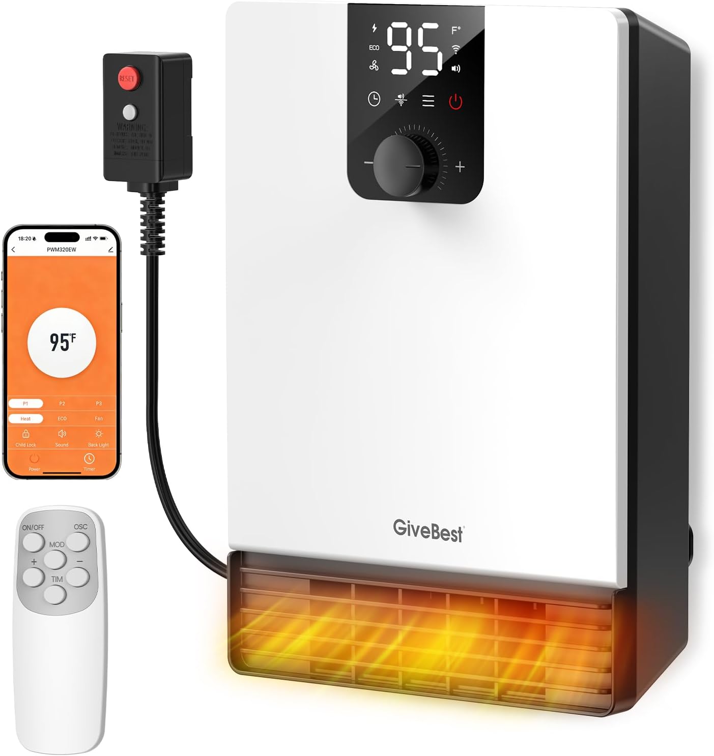 GiveBest  Wall Heater for Bathroom 1500W Fast Heating Electric Space Heater with ALCI Plug Adjustable Thermostat 3 Heating Modes 24H Timer Easy Mounted Heater for Indoor Use Home Office White