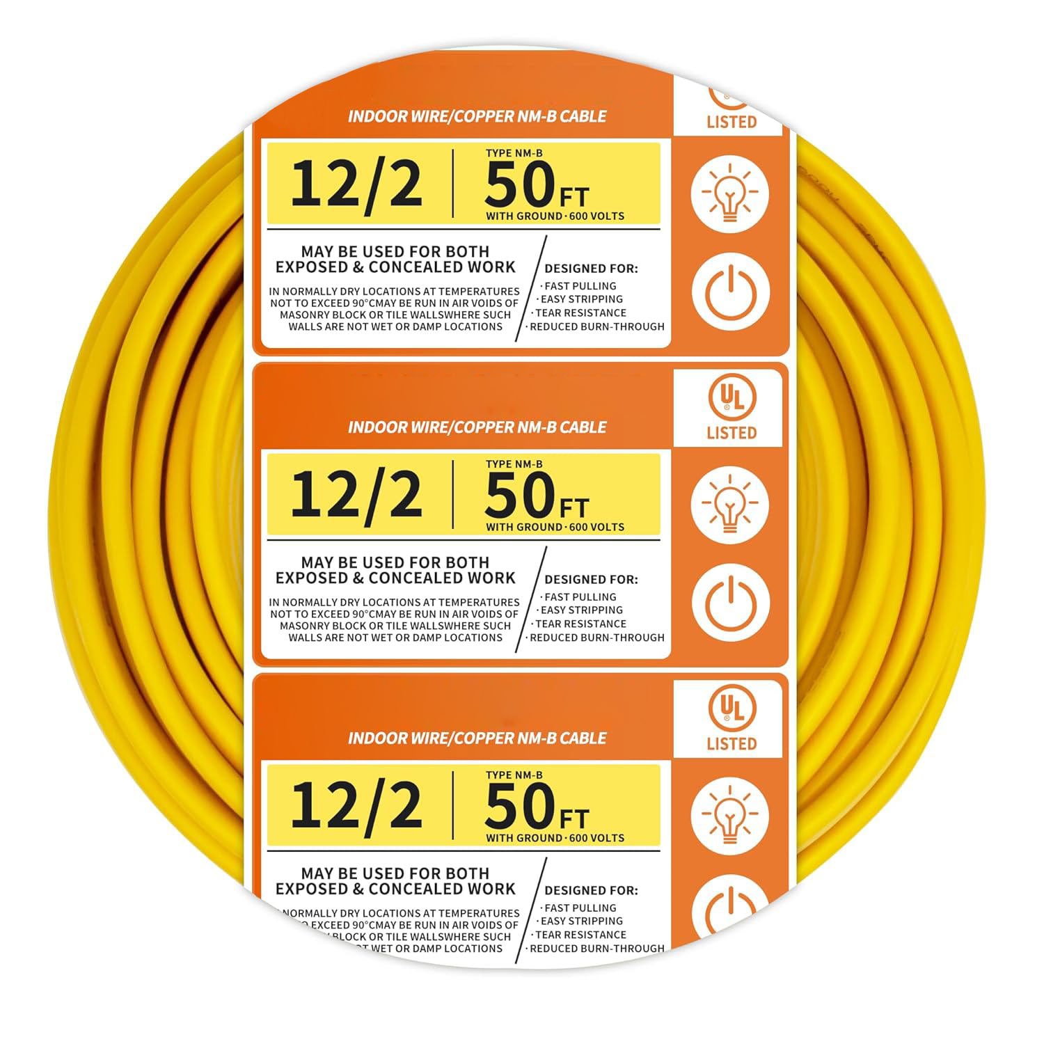 Etokfoks  Solid Indoor 12 2 W G NMB Cable 50 ft Coil 12 Gauge 2 Conductors Non Metallic with Ground Yellow