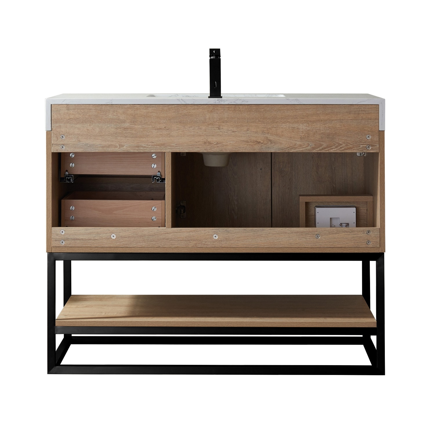 42 Inch Oak Single Vanity with White Stone Top and Matte Black Frame