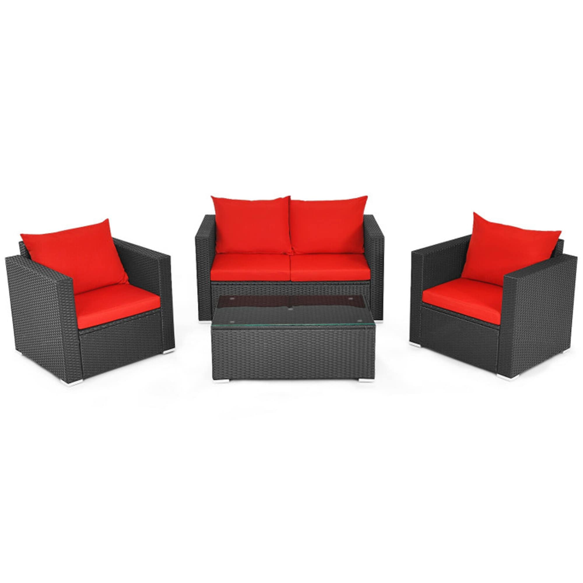 BABOOM BOM-42RE-CO 4 -Piece Rattan Patio Conversation Set with Red Cushions
