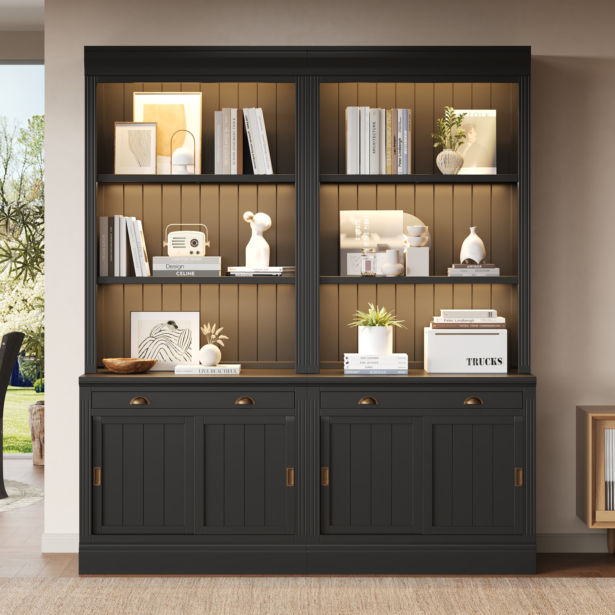 LUXEYARD - 83.4in Tall Bookshelf Suite with LED Lighting Modern Bookcase Suite with Sliding Doors...