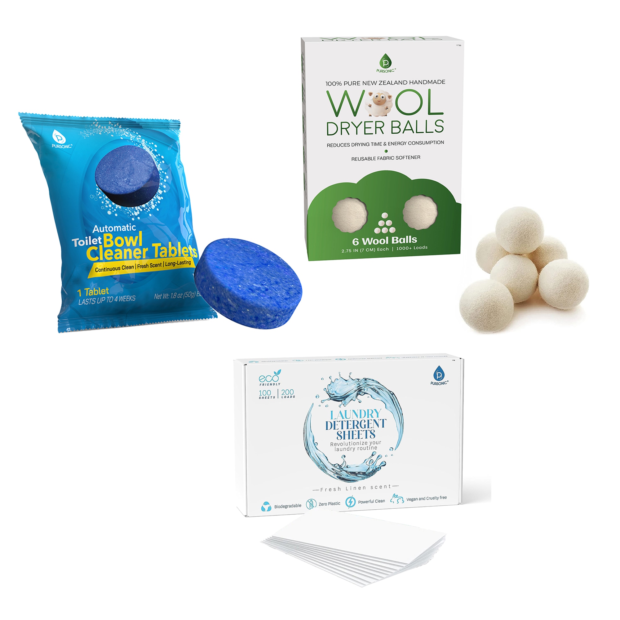 Pursonic  Eco Home Essentials Bundle Toilet Cleaner Tablets  Wool Dryer Balls  Eco Laundry Detergent Sheets
