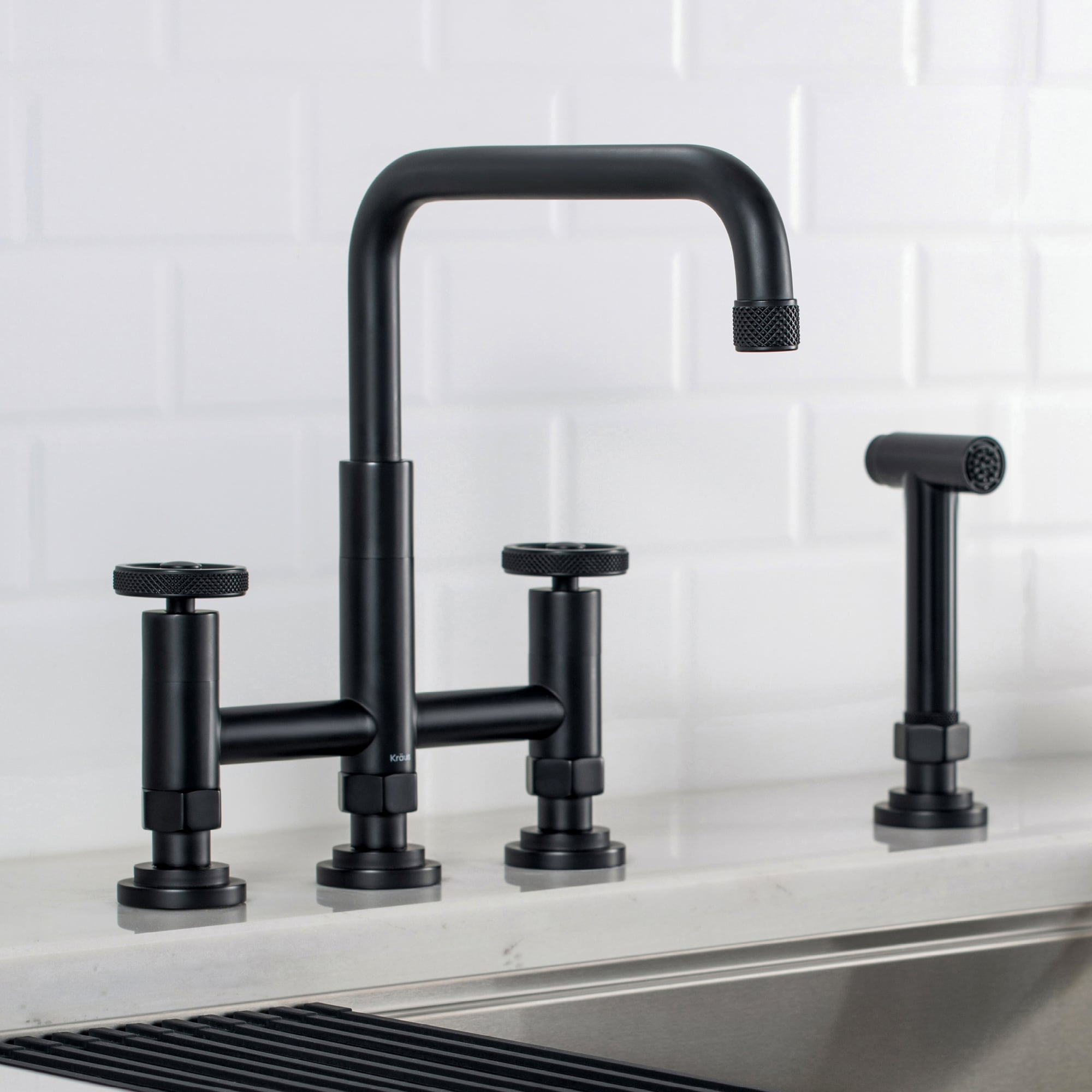 Kraus KPF-3125MB Urbix Matte Black Double Handle Deck-mount Bridge Kitchen Faucet ( Side Sprayer Included )