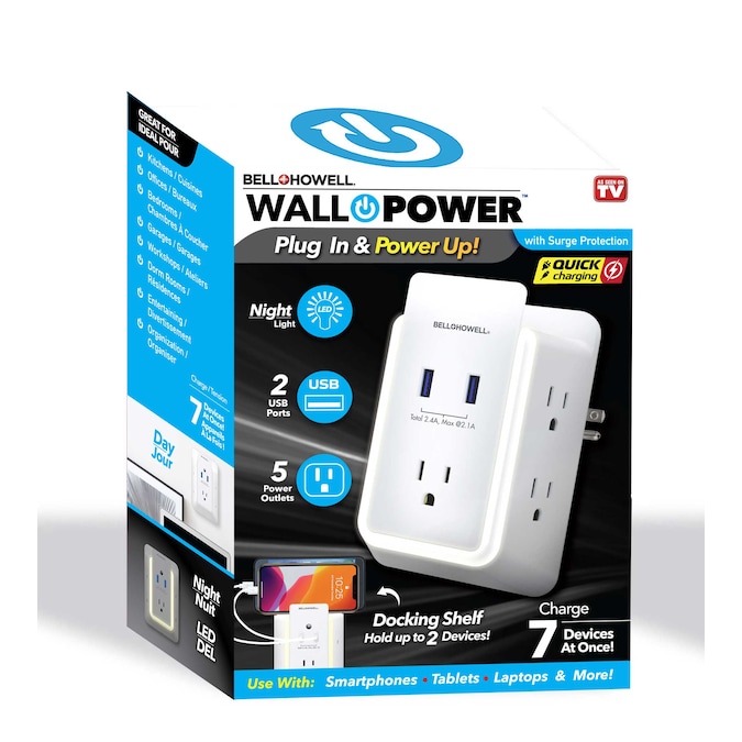 BELL + HOWELL 5-Outlet 2-USB Ports White Power Strip