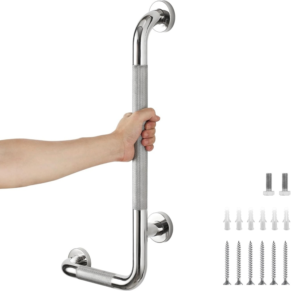 Numhew 24x12 Inch Stainless Steel Left-Handed Grab Bar with Anti-Slip Knurled Grip for Shower Safety