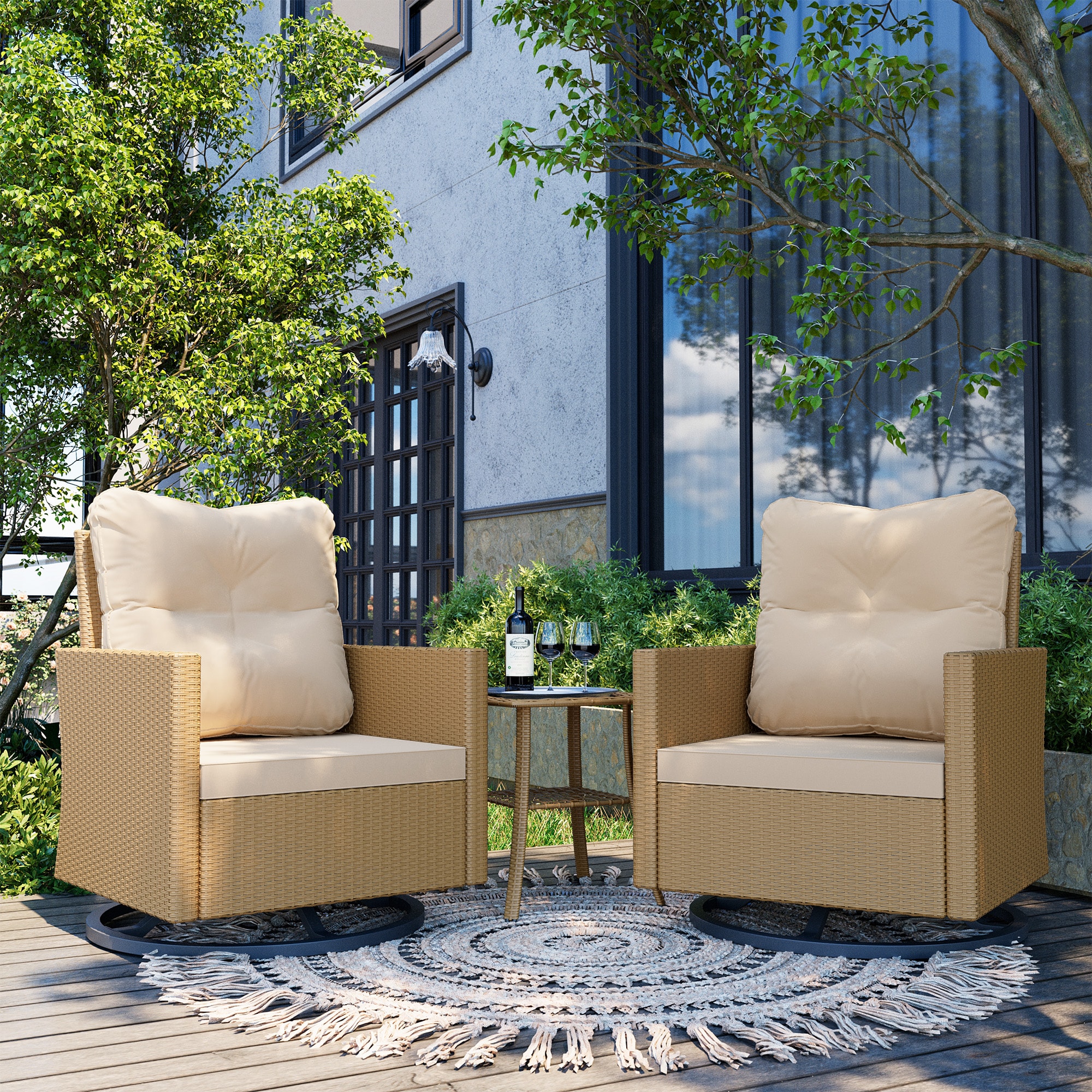 UPHA Y11BE-CJ2-BE Patio Chairs Set of 2 Wicker Yellow Iron Frame Swivel Conversation Chair with Off-white Cushioned Seat