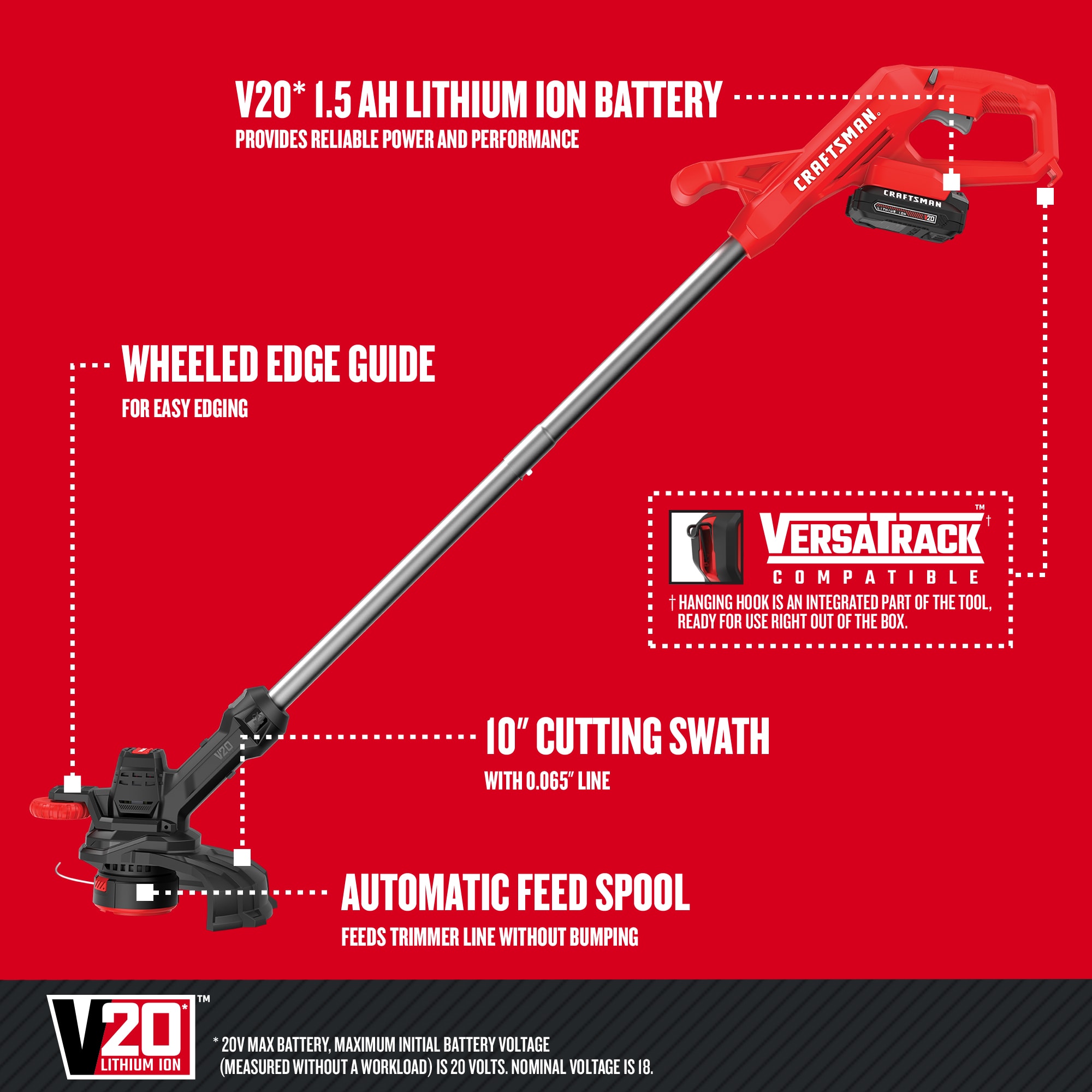 V20* WEEDWACKER® 13 in Cordless String Trimmer and Edger With Push But
