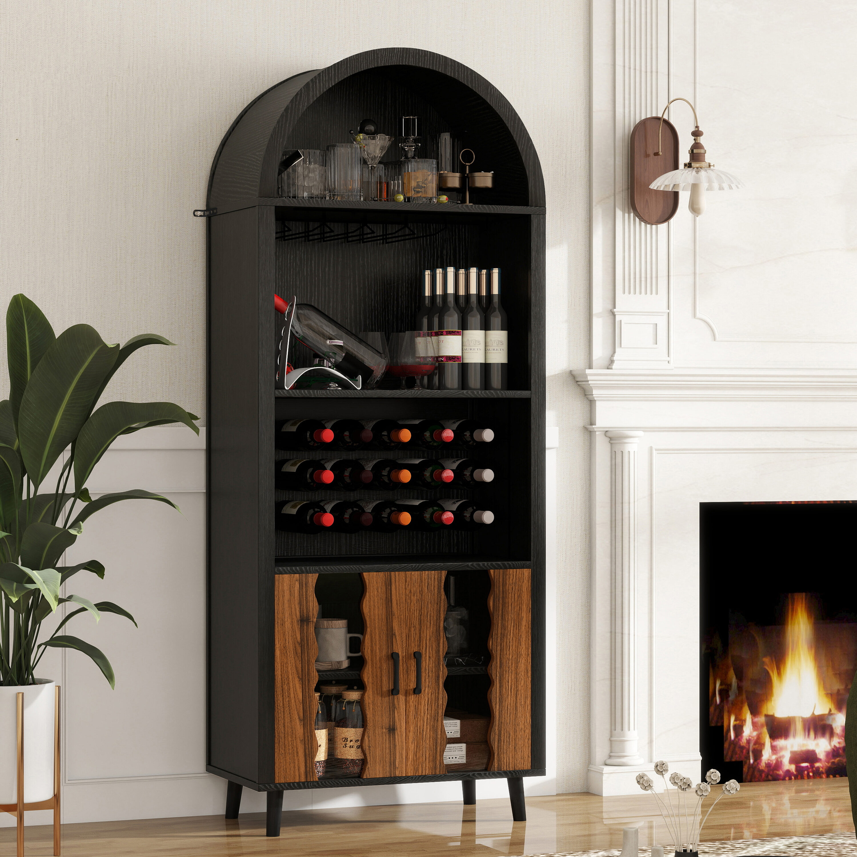 Tinyhomie 71 inch Farmhouse Arched Wine Bar Cabinet coffee bar whiskey station with wine rack and Wine Glass Holder