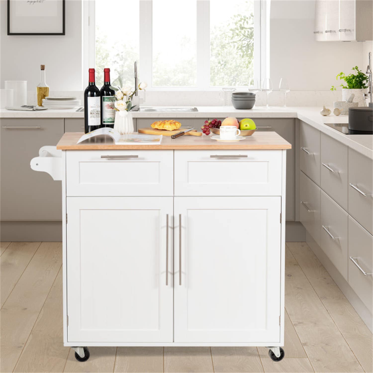 BABOOM Black Mdf Base with Wood Top Rolling Kitchen Island (29.5-in x 46-in x 37-in)