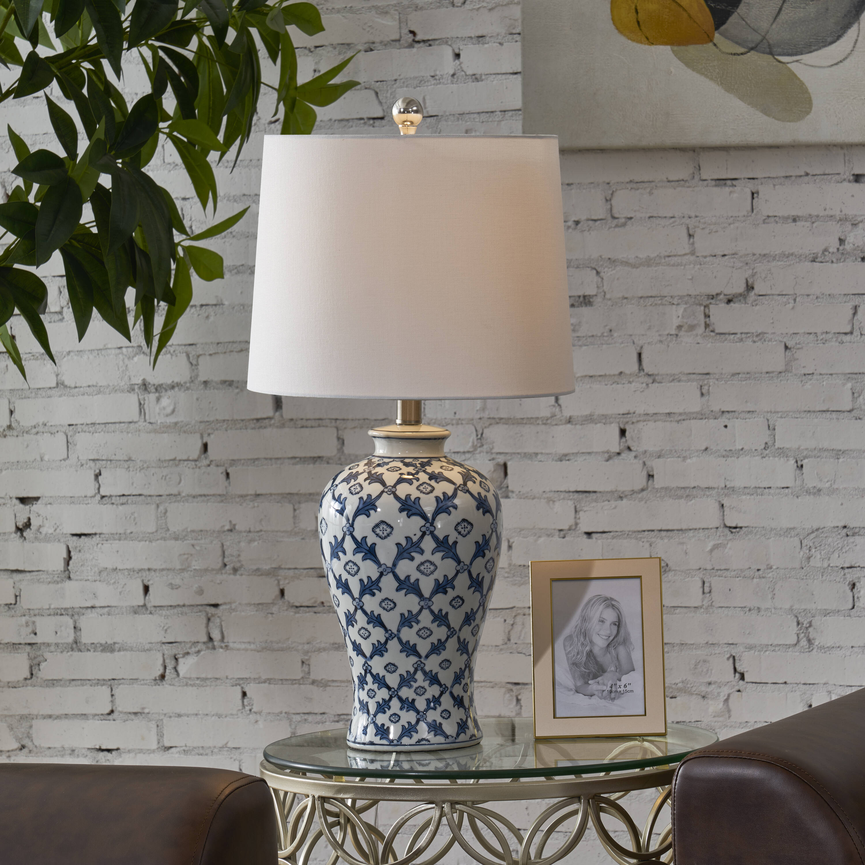 Maxax T74-S Deluxe 25-in Blue and White LED Incandescent Rotary socket Table Lamp with Linen Shade