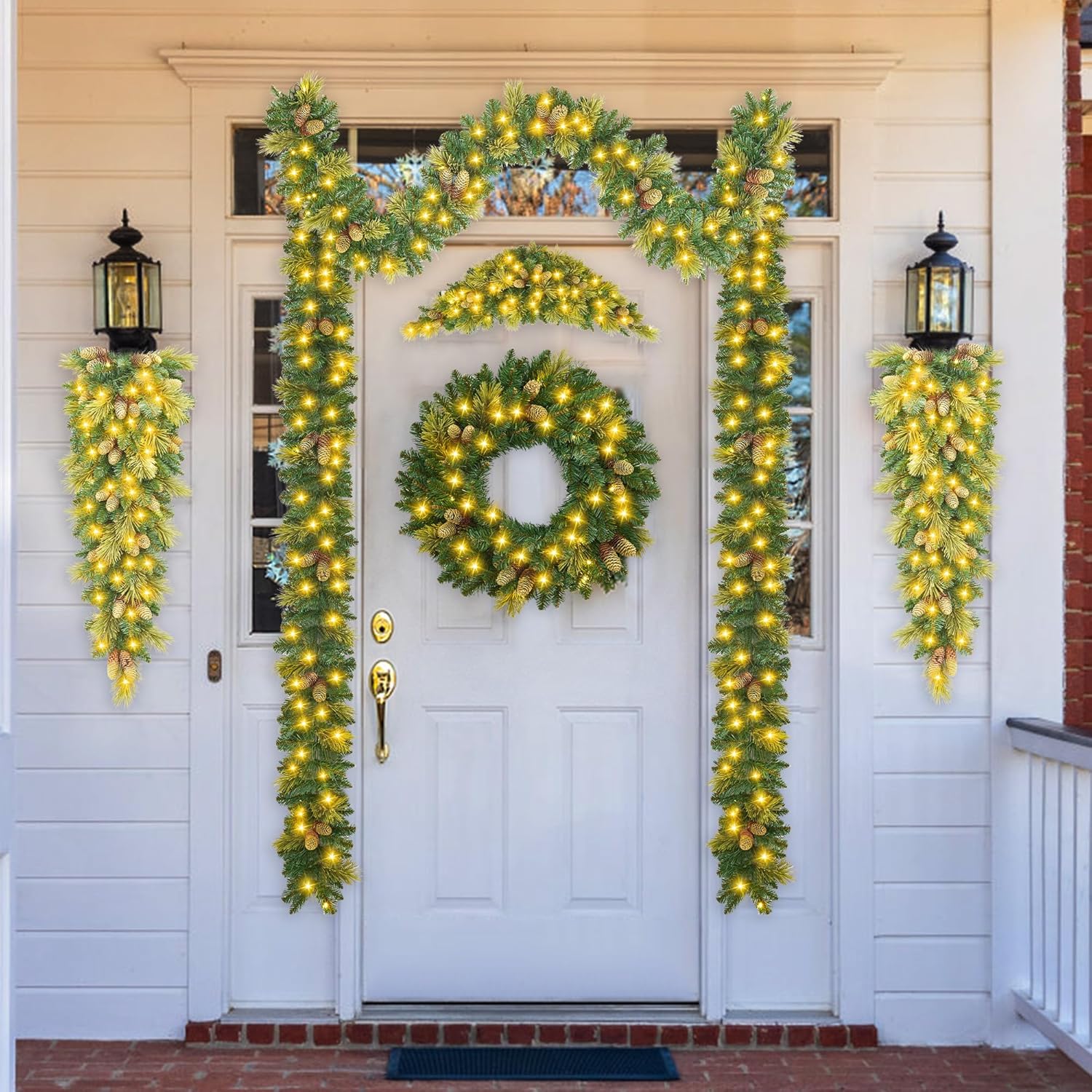 Der Rose - Christmas Garland and Wreath Set with Lights Battery Operated Front Door Prelit Garlan...