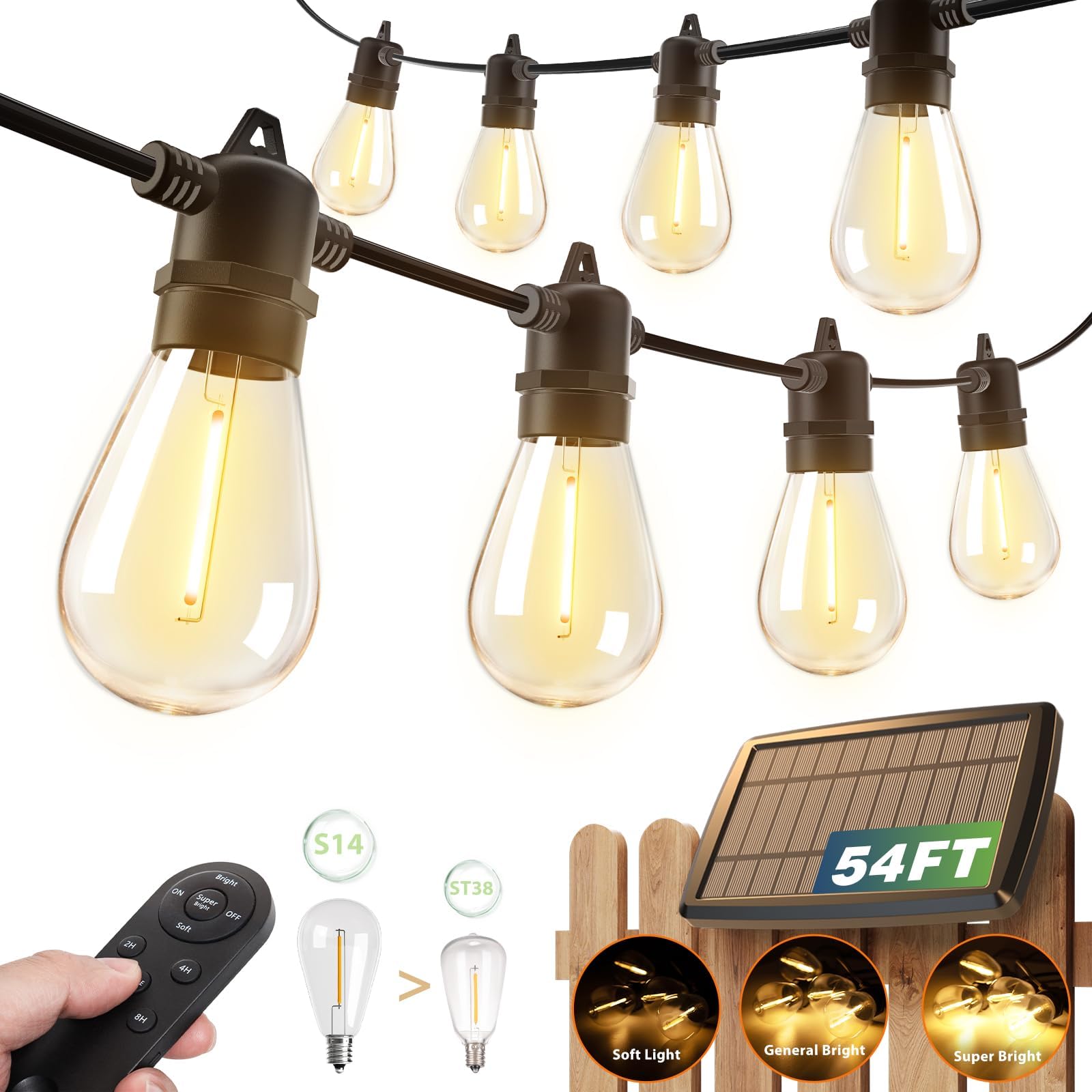 Etokfoks  54FT 17 Piece Solar String Lights Outdoor Waterproof with USB Charging Remote Control Dimmable LED Bulbs for Patio Garden Yard