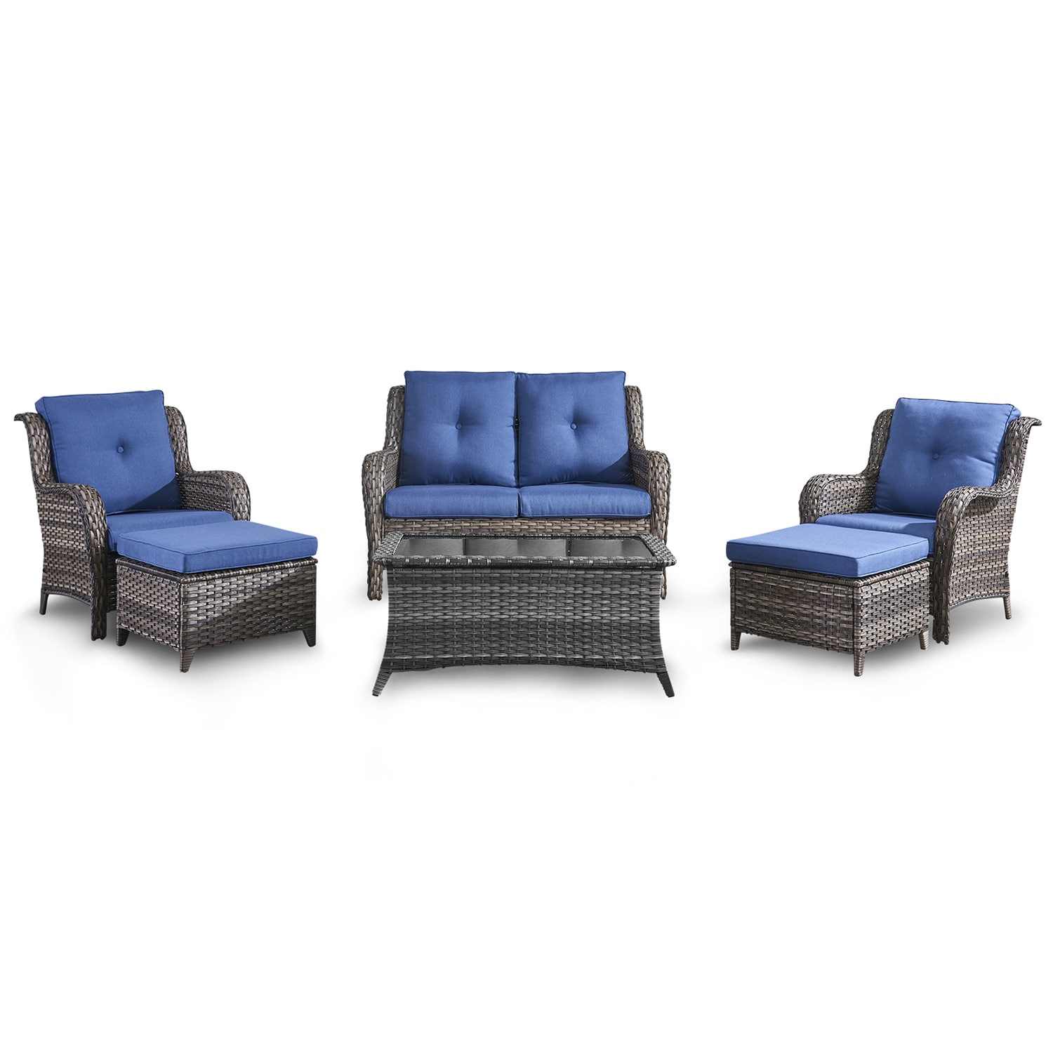 Rilyson FS039019017016-1 Curved Handrail 6 -Piece Wicker Patio Conversation Set with Blue Cushions