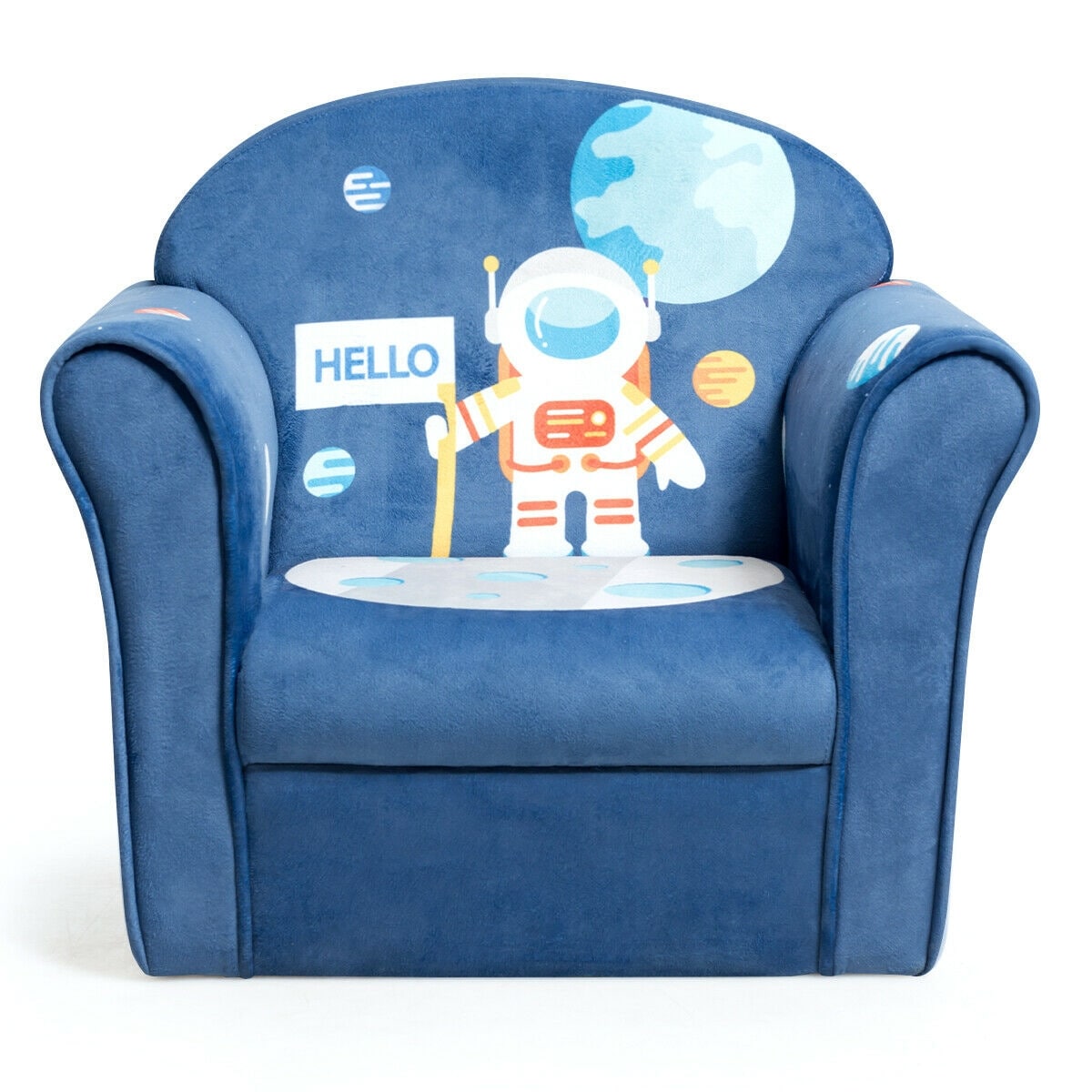 Slickblue 17 Inch H- Blue Upholstered Kids Sofa Chair Astronaut Pattern for Bedroom Playroom or Living Room