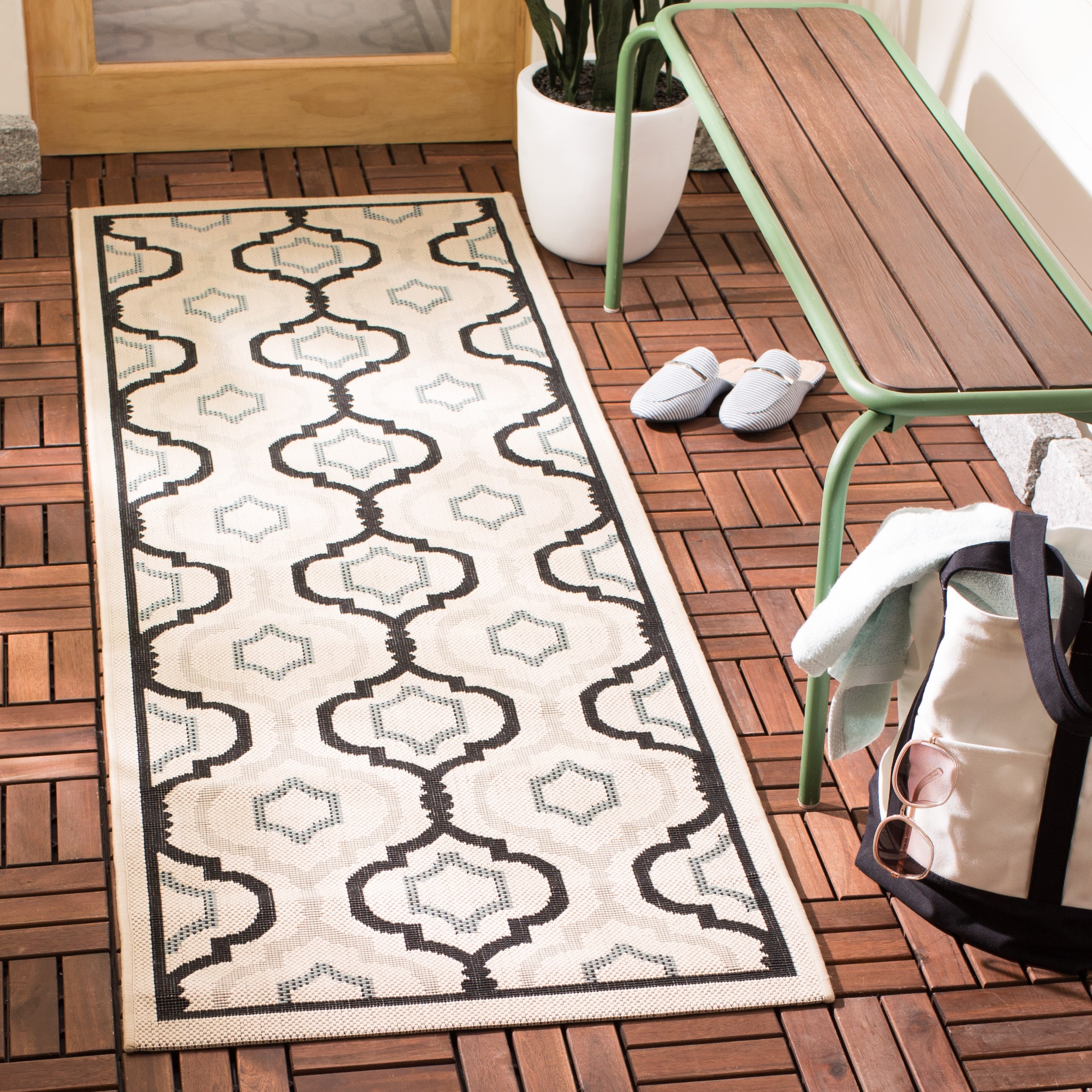 Safavieh CY7938-256A18-214 Courtyard Doubs 2 x 14 (ft) Loomed Polypropylene Ivory/Black Rectangular Indoor/Outdoor Abstract Coastal Runner rug