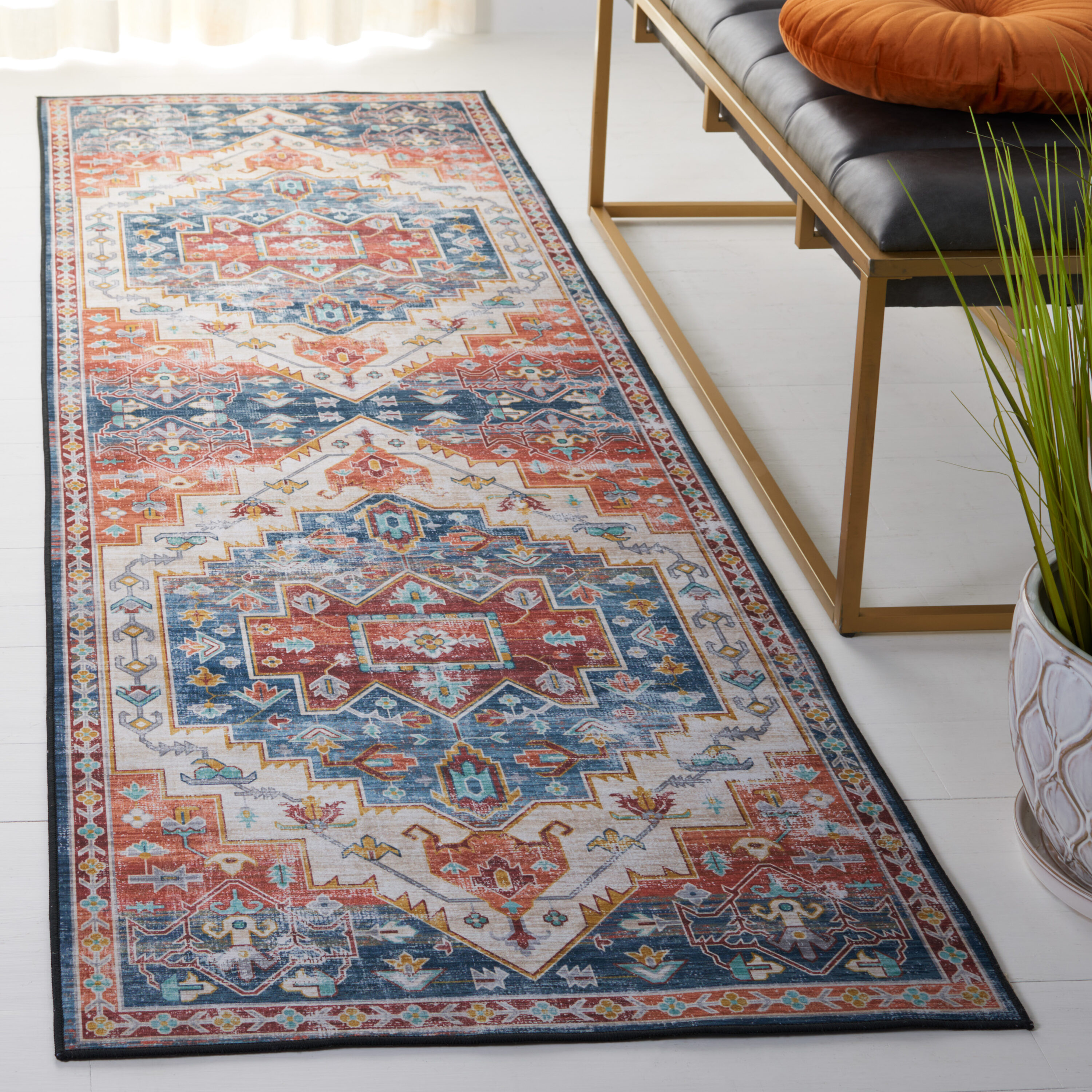 Tucson Vintage Persian 116M Blue Rust Machine Washable/Slip Resistant 2ft-6in x 10ft Traditional Rug