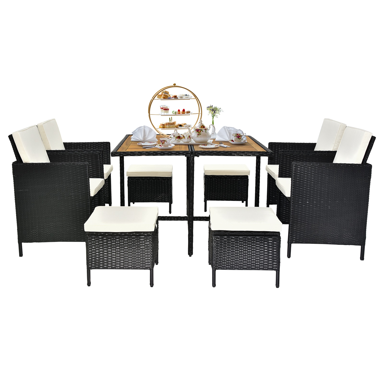 Winado LO1G56000729+730 9 -Piece Black Wicker Patio Dining Set Wicker Square Table with 4 Off-white Cushions Stationary Chairs