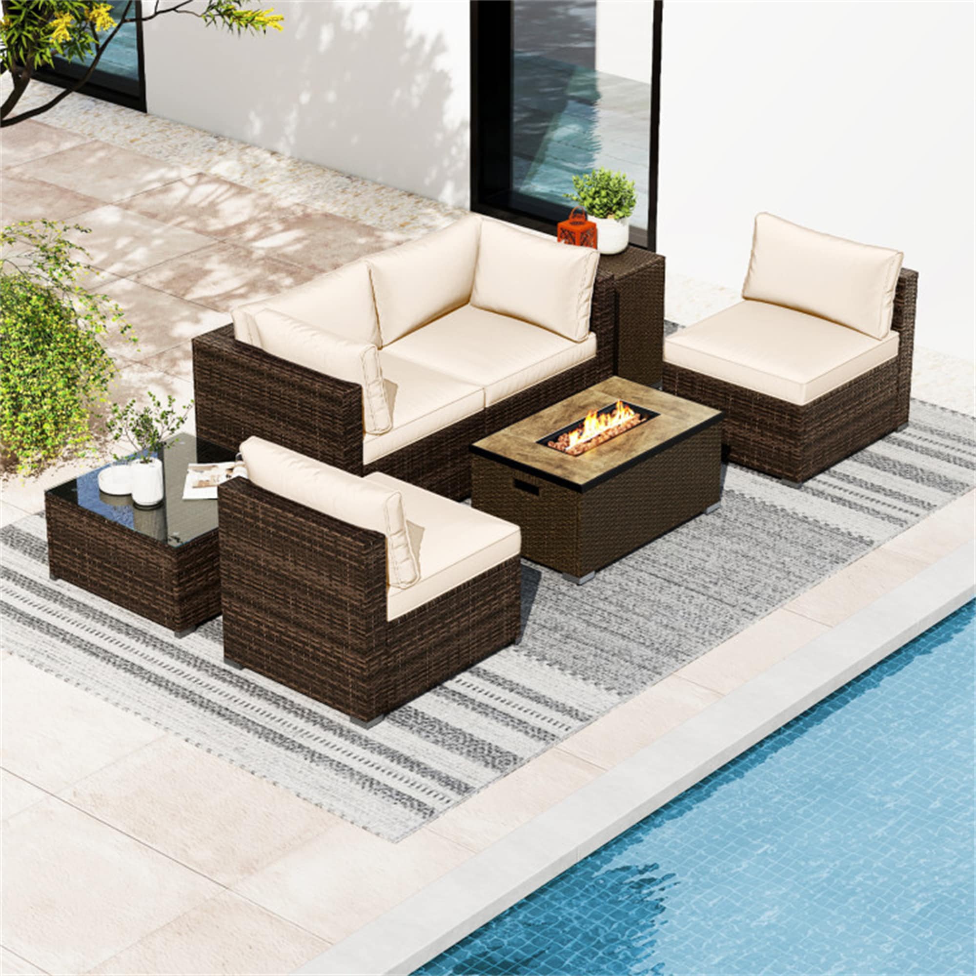 BABOOM 7 Pieces Outdoor Furniture Set with 32 Inch Fire Pit Table and Propane Tank Cover