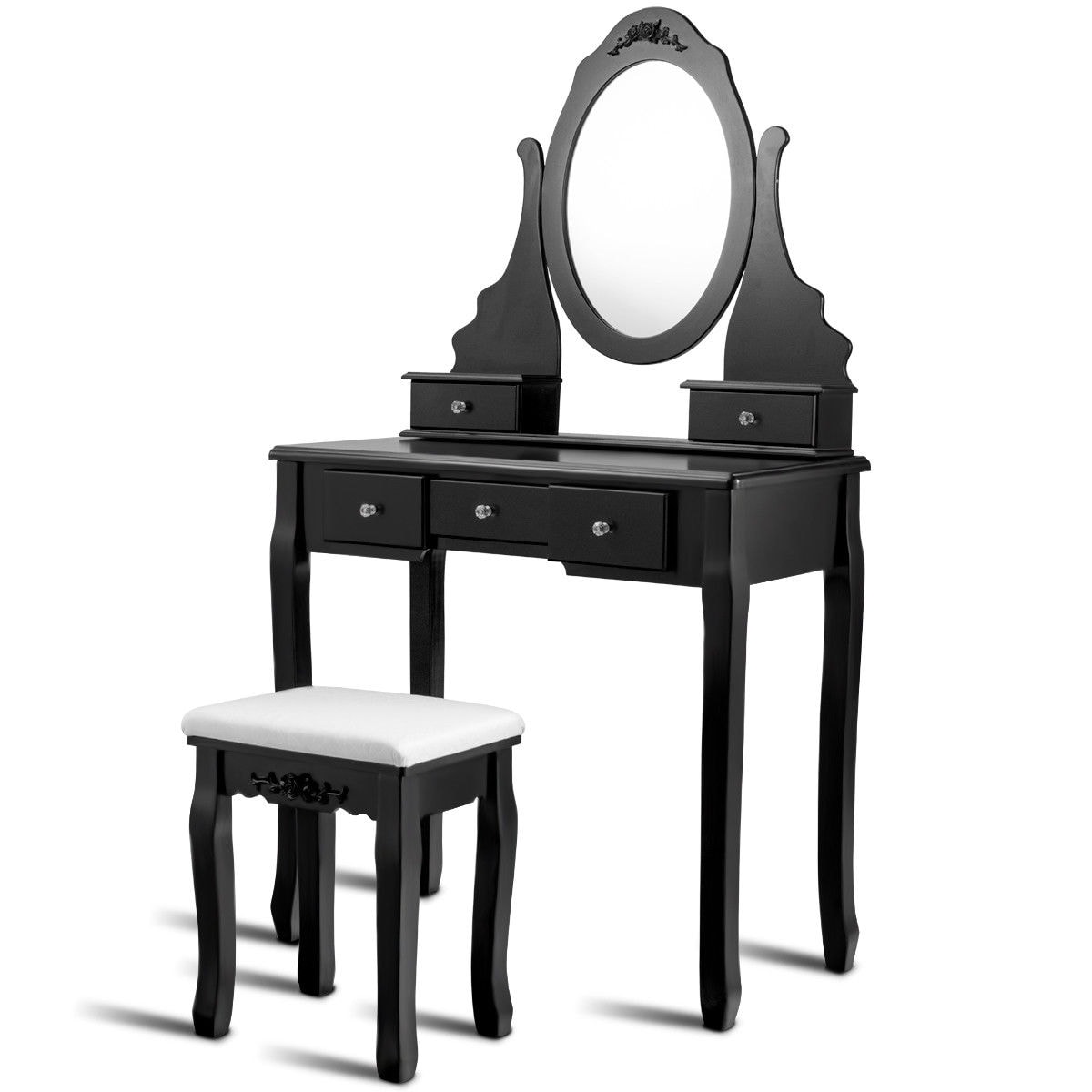 Slickblue D-CO-KB44066WH 31.3 in White/Black Makeup Vanity with Round Mirror and 5 Drawers for Bedroom or Dressing Room