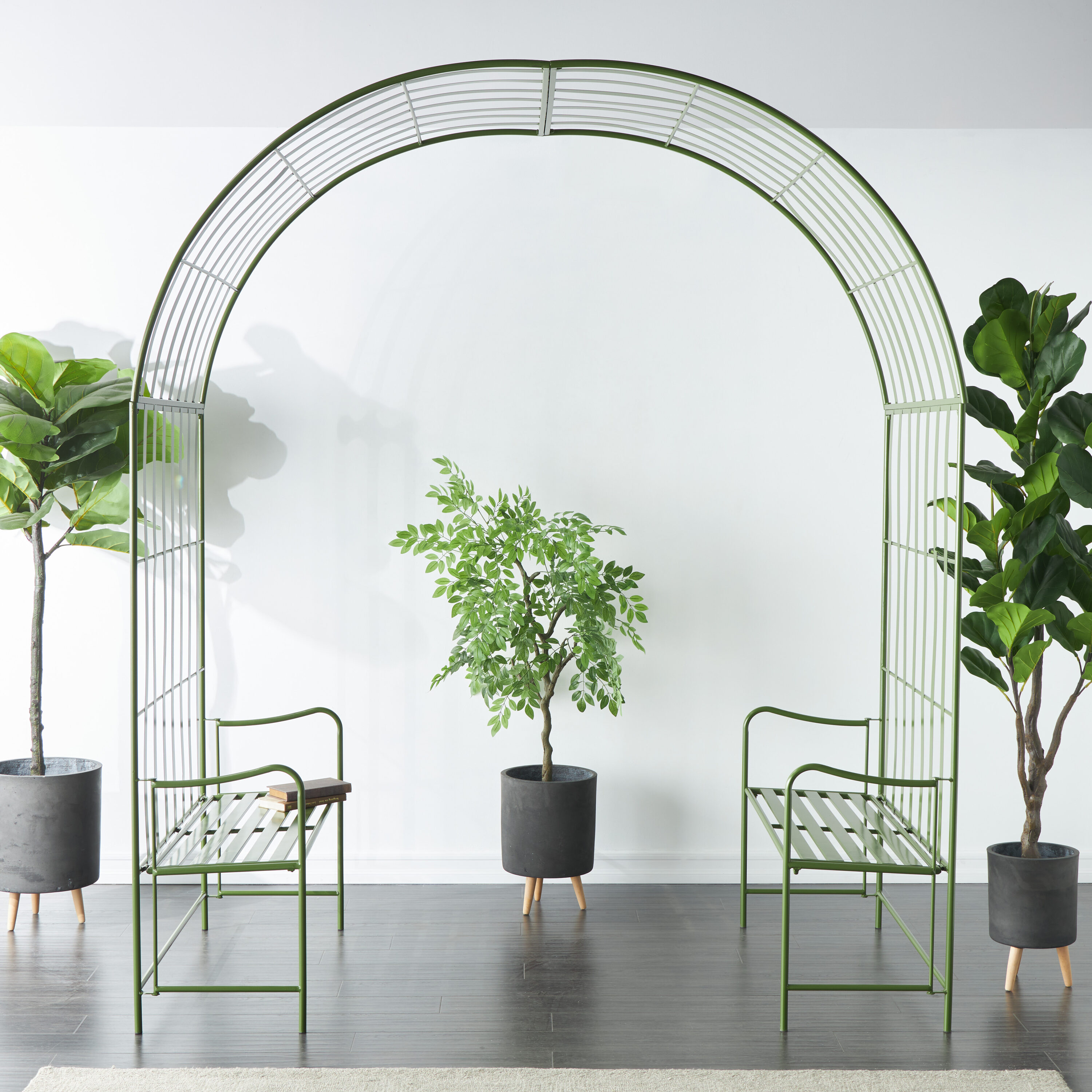 Grayson Lane 822655 7-ft W x 9-ft H Arched Green with 2 Benches Steel Garden Arbor