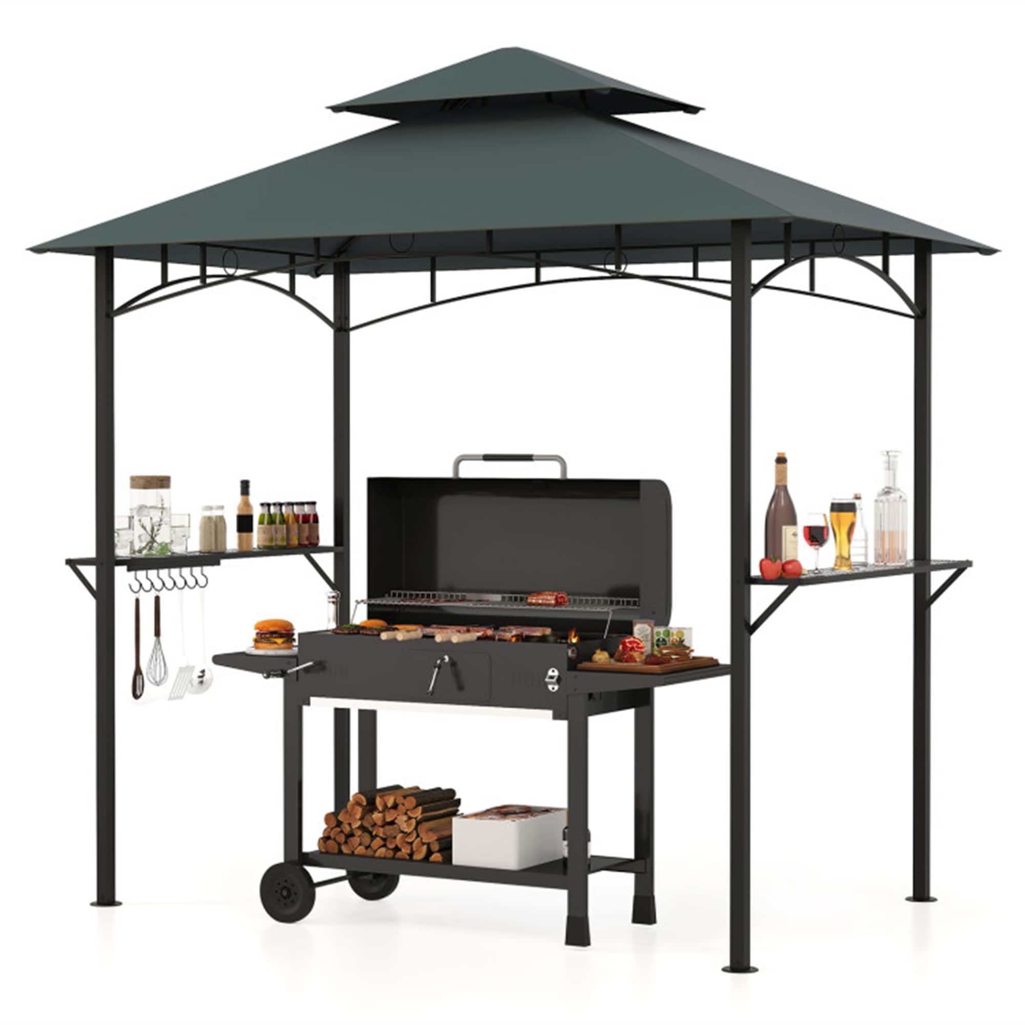 BABOOM BOM-12041GR-CO 8-ft x 5-ft Outdoor Double-Tiered Grill Gazebo Canopy gray Grill Gazebo with Soft Top Roof