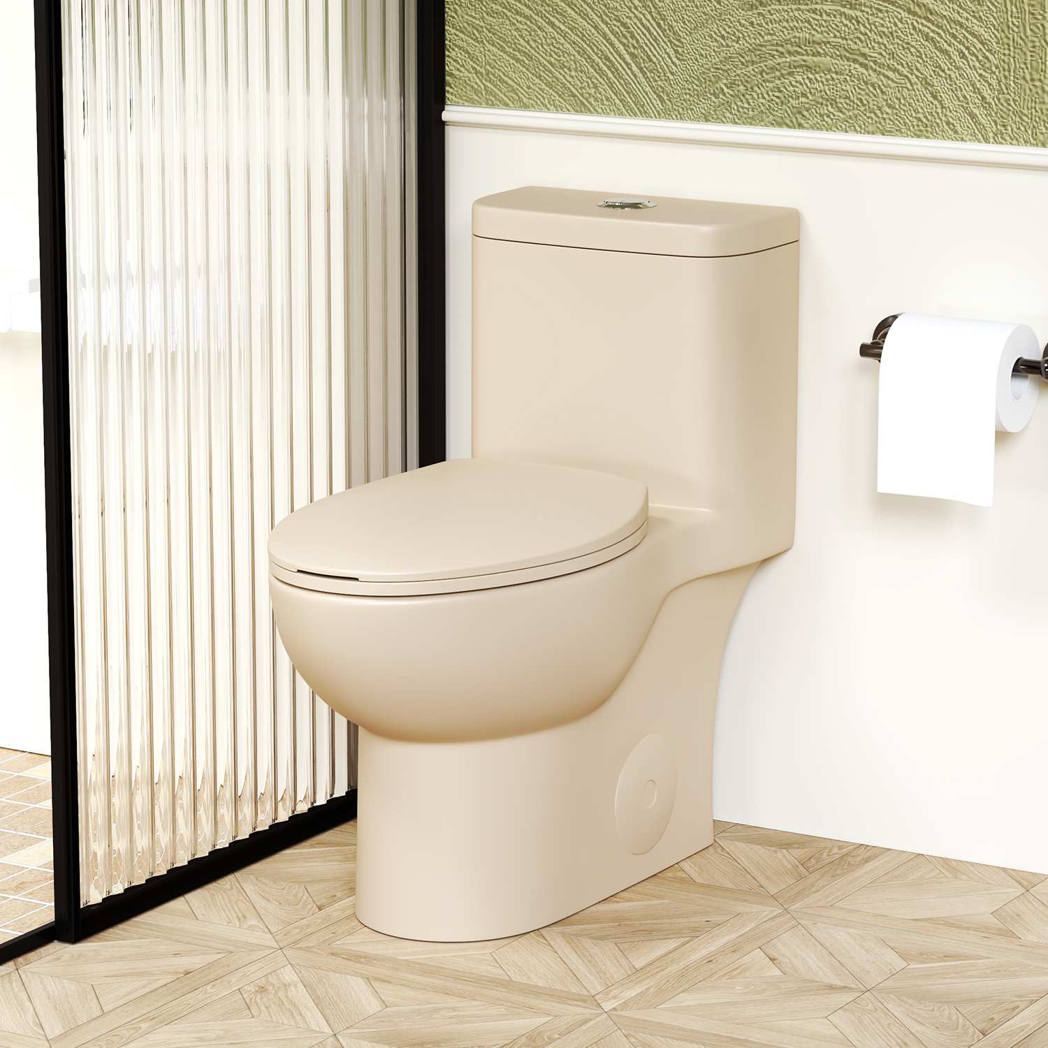 Abruzzo 1-Piece Toilet 1.1/1.6 GPF Tornado Flush One-Piece Toilet with Comfort Chair Seat ADA Height in Khaki