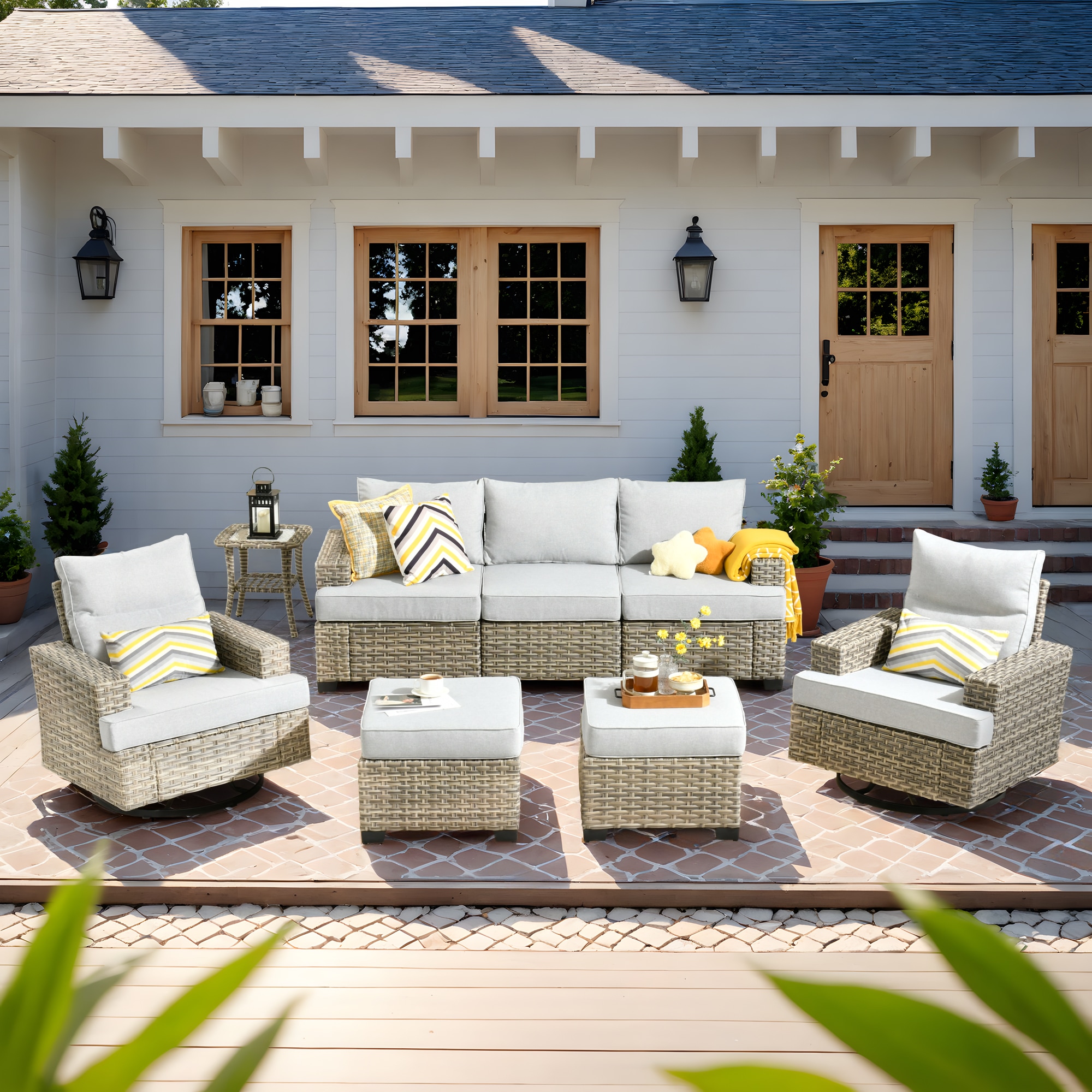 Pouuin STYZBS406 6 -Piece Wicker Patio Sofa Conversation Set with Light Gray Cushions
