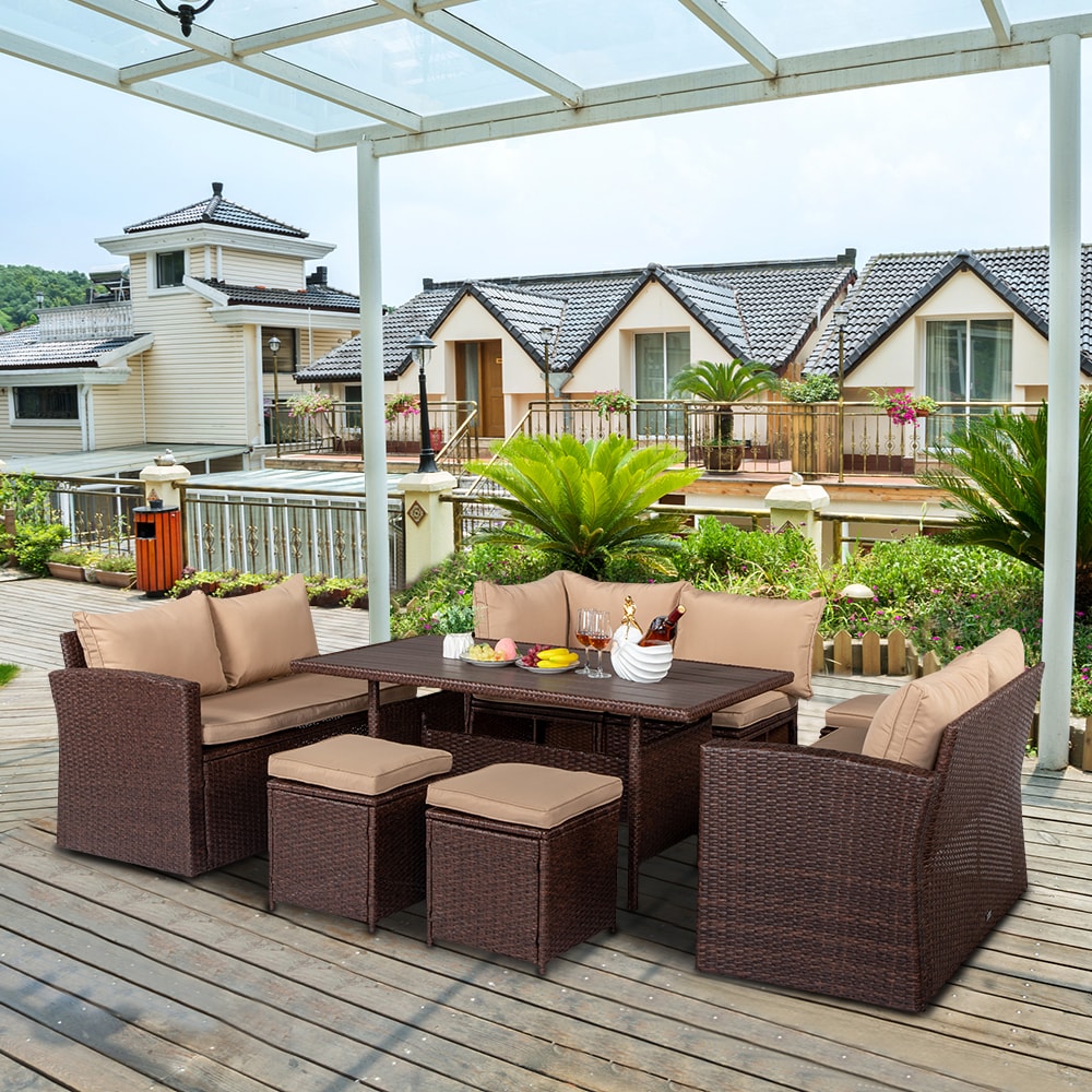 Winado LO1G56000620+621+622 8 -Piece Brown Wicker Balcony Height Patio Dining Set Wicker Rectangle Table with 6 White Cushions Stationary Chairs