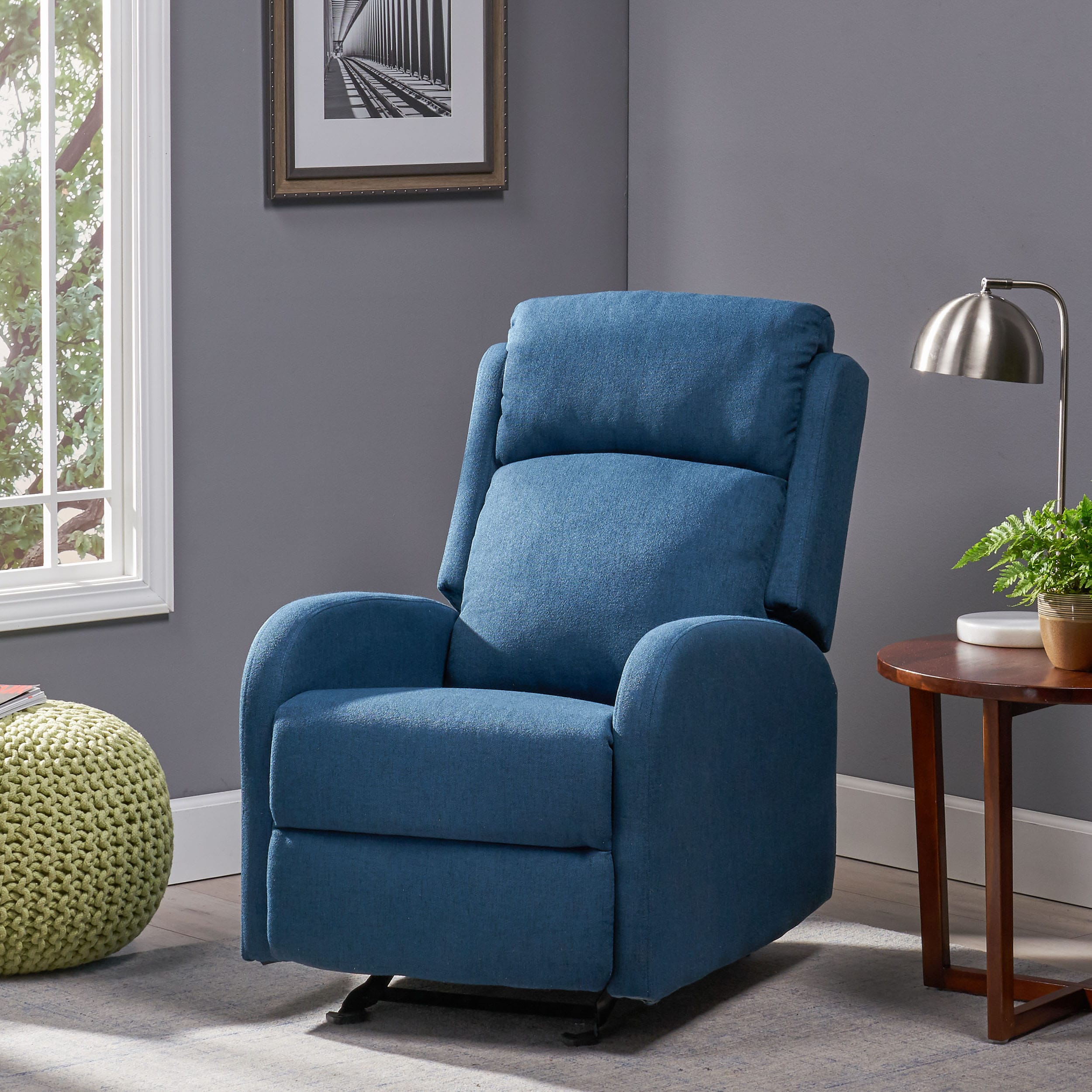 Navy Blue Polyester Rocking Recliner with Black Legs