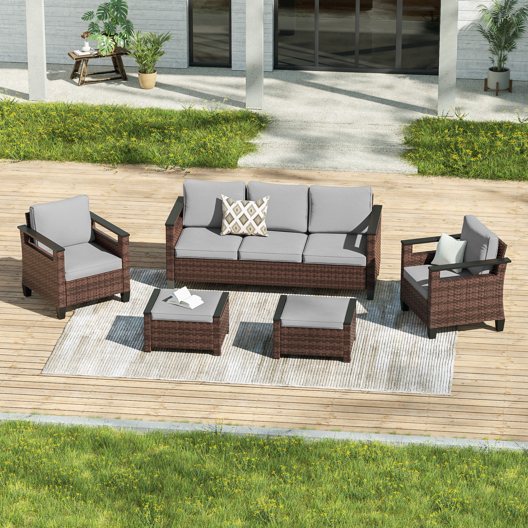 ACEGOSES LW-PS-126BGY Skytop 5 -Piece Wicker Patio Sofa Conversation Set with Gray Cushions