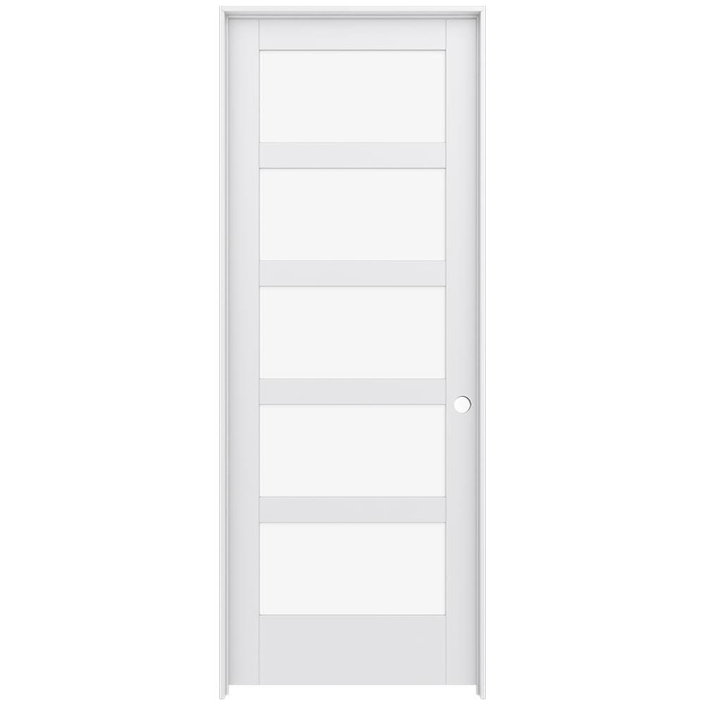 JELD-WEN LOWOLJW221100889 36-in x 96-in Primed Solid core 5-panel equal Clear glass Left hand Smooth Primed MDF Flat Jamb Single Prehung Interior Door
