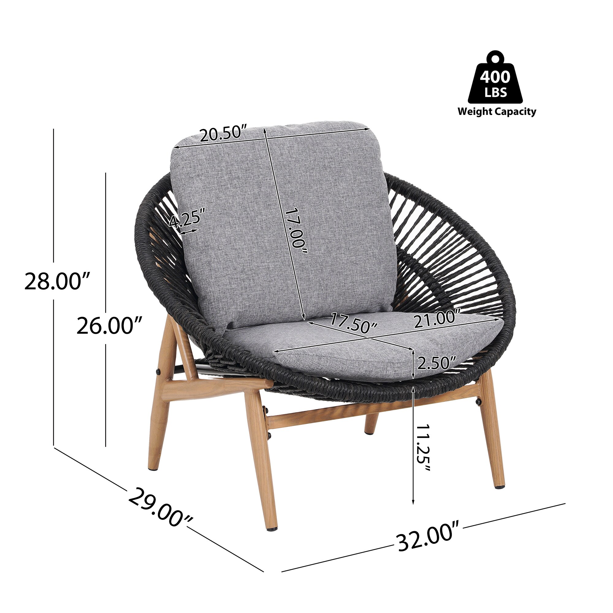 Bybafun Rattan Dark Gray Iron Frame Stationary Conversation Chair with ...