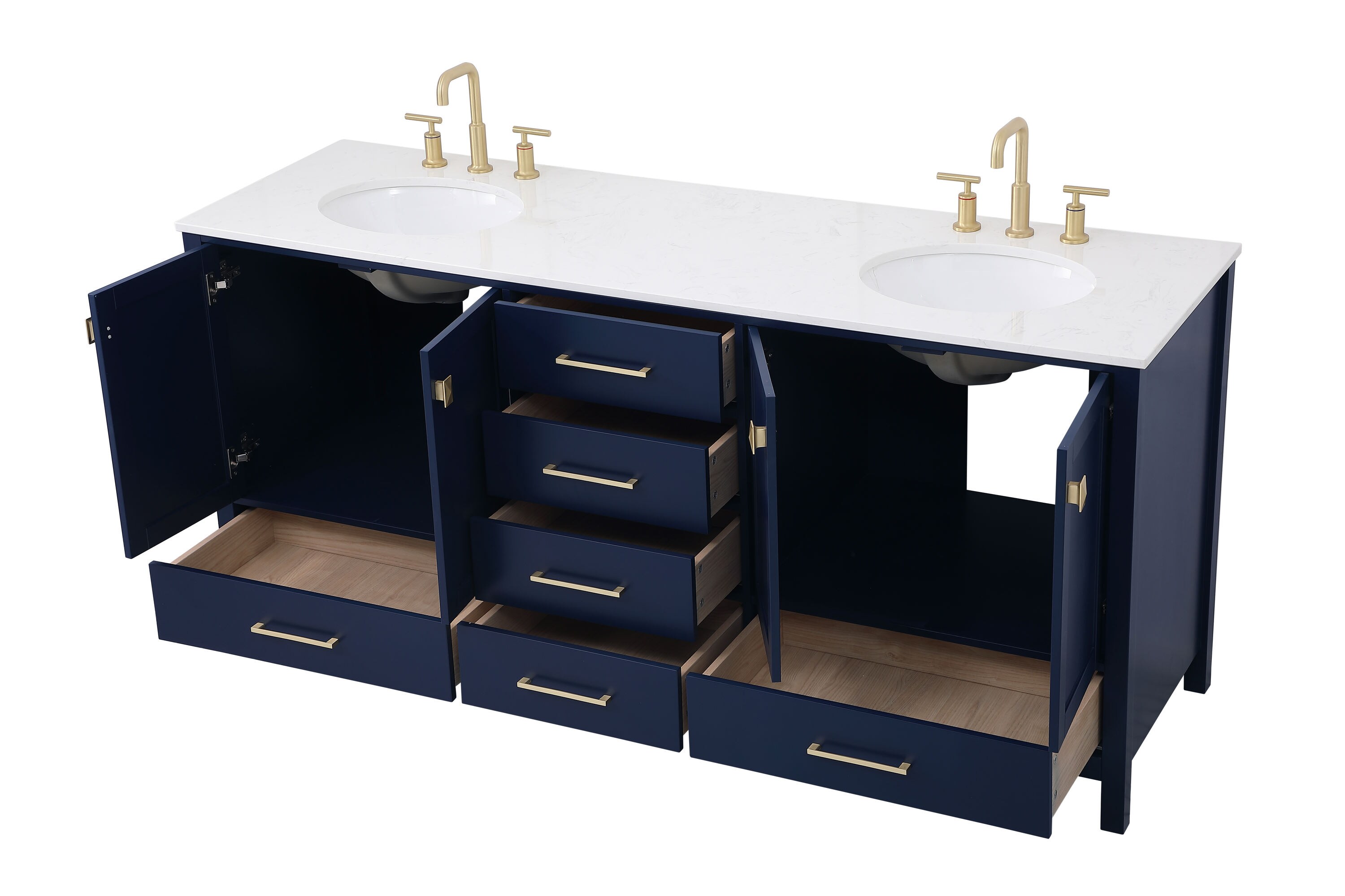 Blue and Gold 72" Double Bathroom Vanity with Calacatta White Countertop
