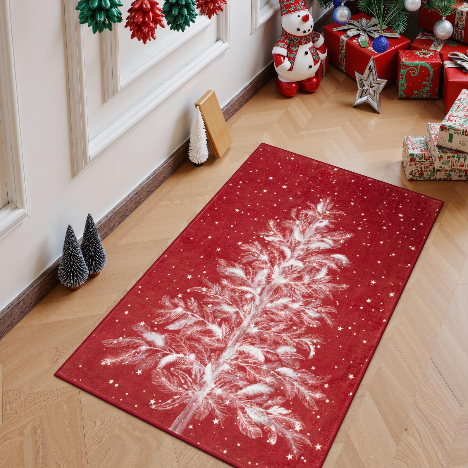 Lahome AR-DYR-409-R6 2 x 3 (ft)Red Christmas Forest Deer Moroccan Full Coverage Pearl Velvet Rectangular Indoor Area Rug
