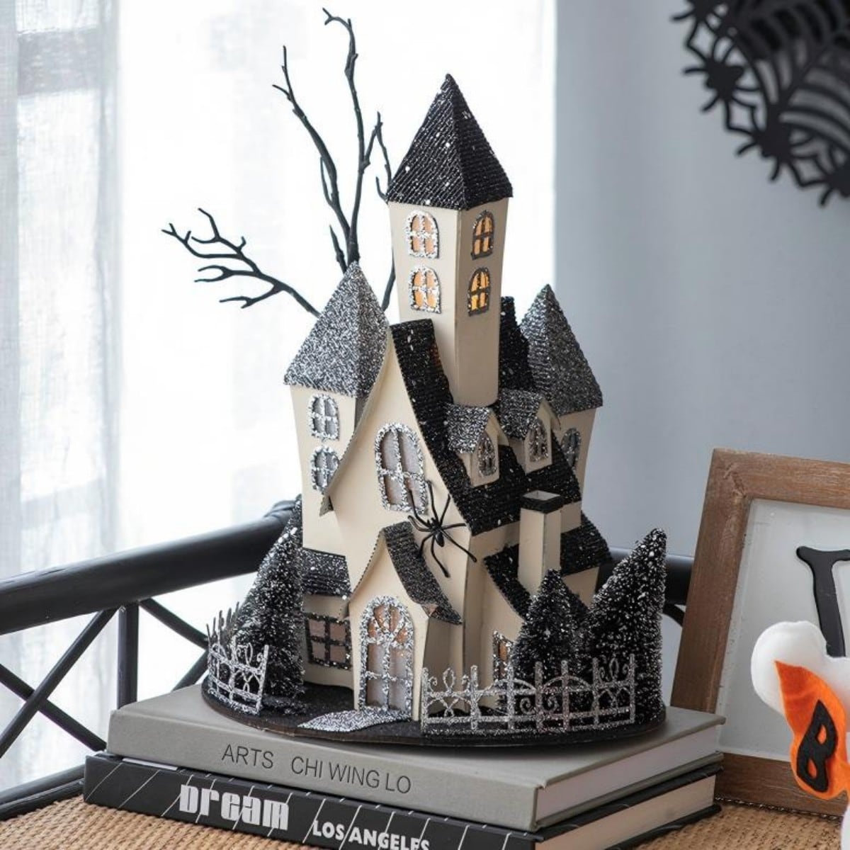 GlasFlength  13.5 Inch Halloween Decor Lighted Haunted House Battery Powered Halloween Lights Halloween Decorations Indoor Table Decor for Tabletop Home Multicolored