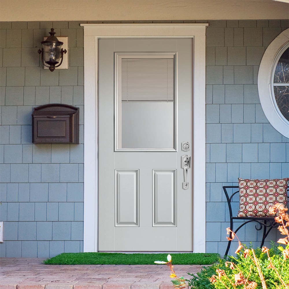 Masonite 1218483 36-in x 80-in x 4-9/16-in Fiberglass Half lite Left-hand inswing Infinity gray Painted Prehung Front Door with Brickmould Insulating core with Blinds