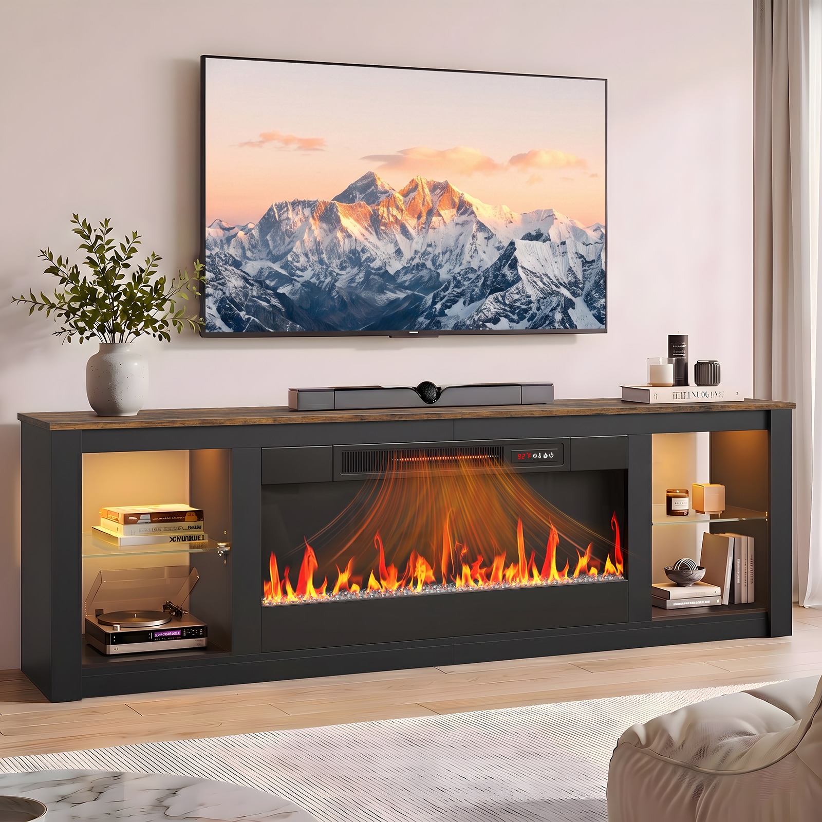 Bestier 70.87-in W Brown Electric Fireplace TV Stand with LED Light Strips on Both Sides