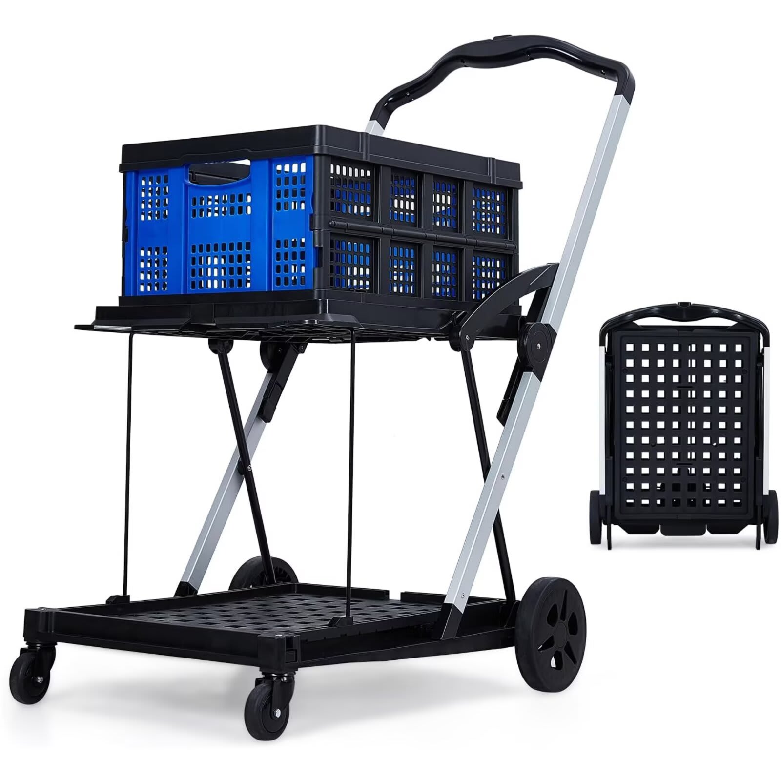 Qeetex Collapsible Shopping Cart Foldable Grocery Cart with Wheels and Removable Storage Crate Multi Use Mobile Storage Cart Portable Rolling Cart for Home Groceries Supermarket #JXNAG-PHO-16N9ZCQ3