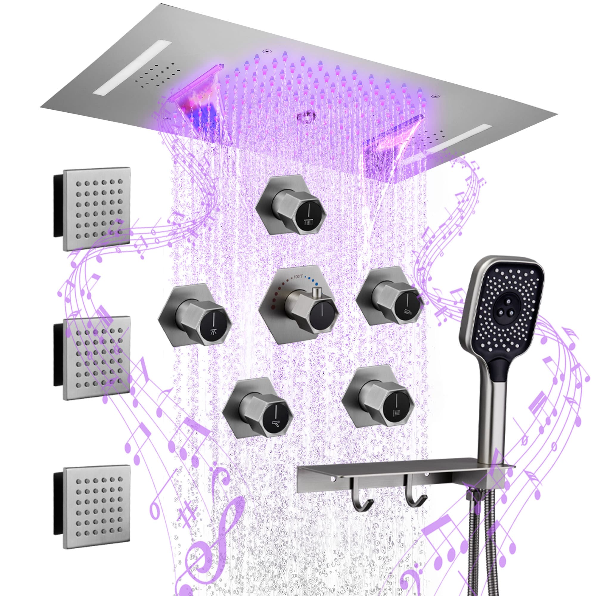 CASAINC KCHS0022-LEDMB 5 Functions Luxury Thermostatic Handheld Shower Fauct System Brushed Nickel 22.8-in Waterfall Built-In Shower Faucet System with 5-way Diverter ( Thermostatic Valve Included )