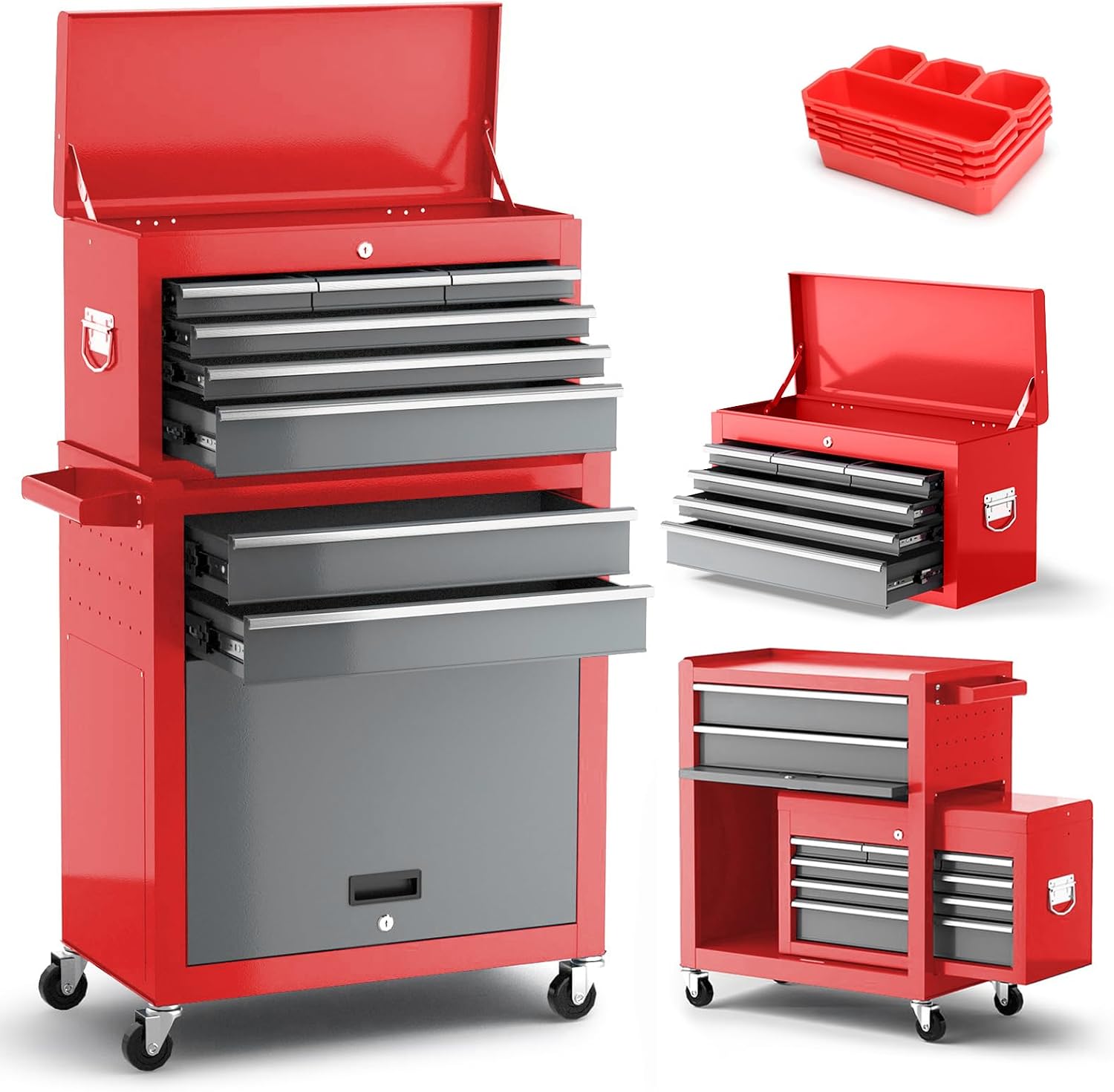 AIRAJ 8-Drawer Wheeled 42 Inch Heavy Duty Rolling Tool Chest Detachable Top Tool Cabinet with Hooks Liners and Tray Divider for Garage Workshop Warehouse Storage Red